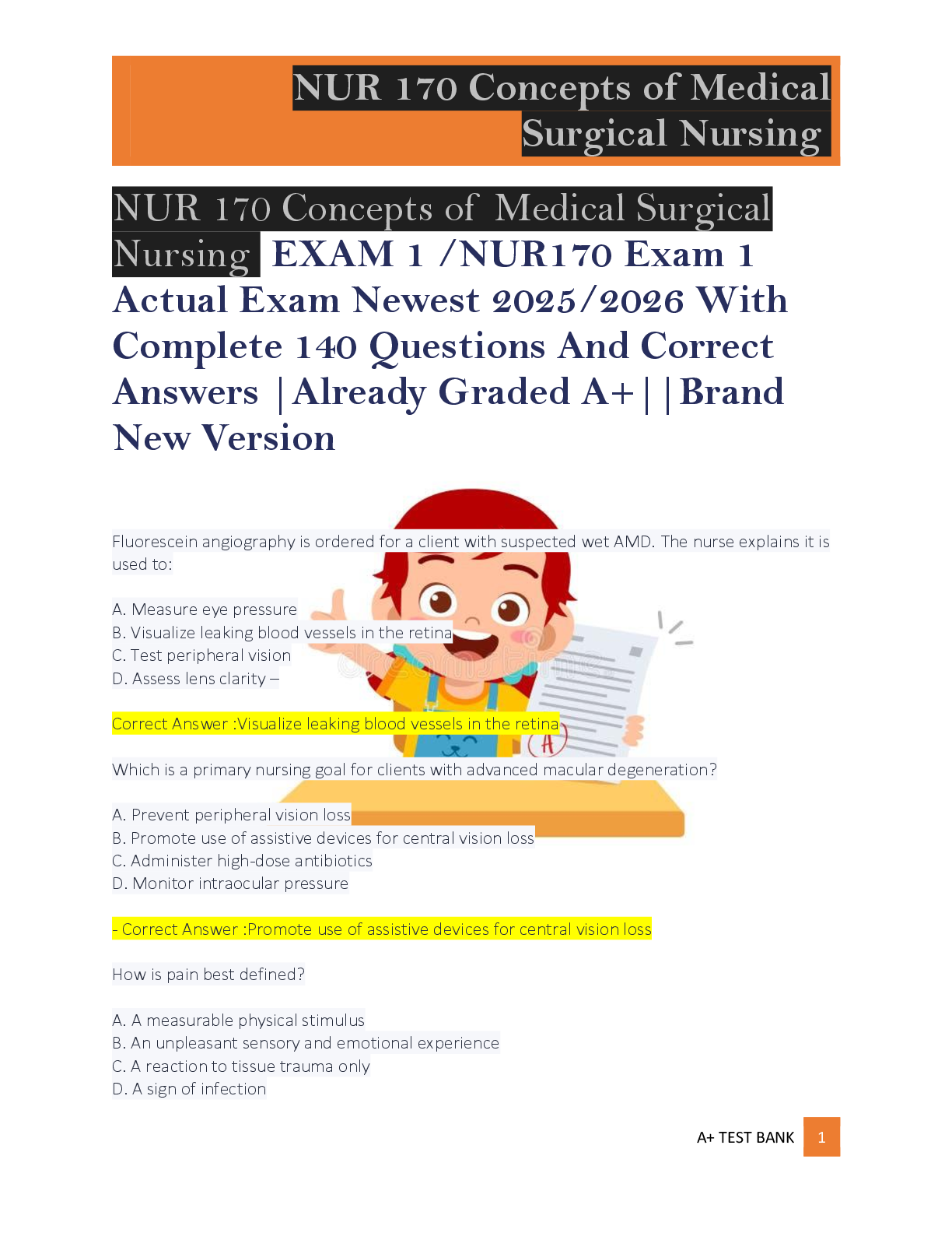 Preview of Nursing  EXAM 1 /NUR170 Exam 1  Actual Exam Newest 2025/2026 With  Complete 140 Questions