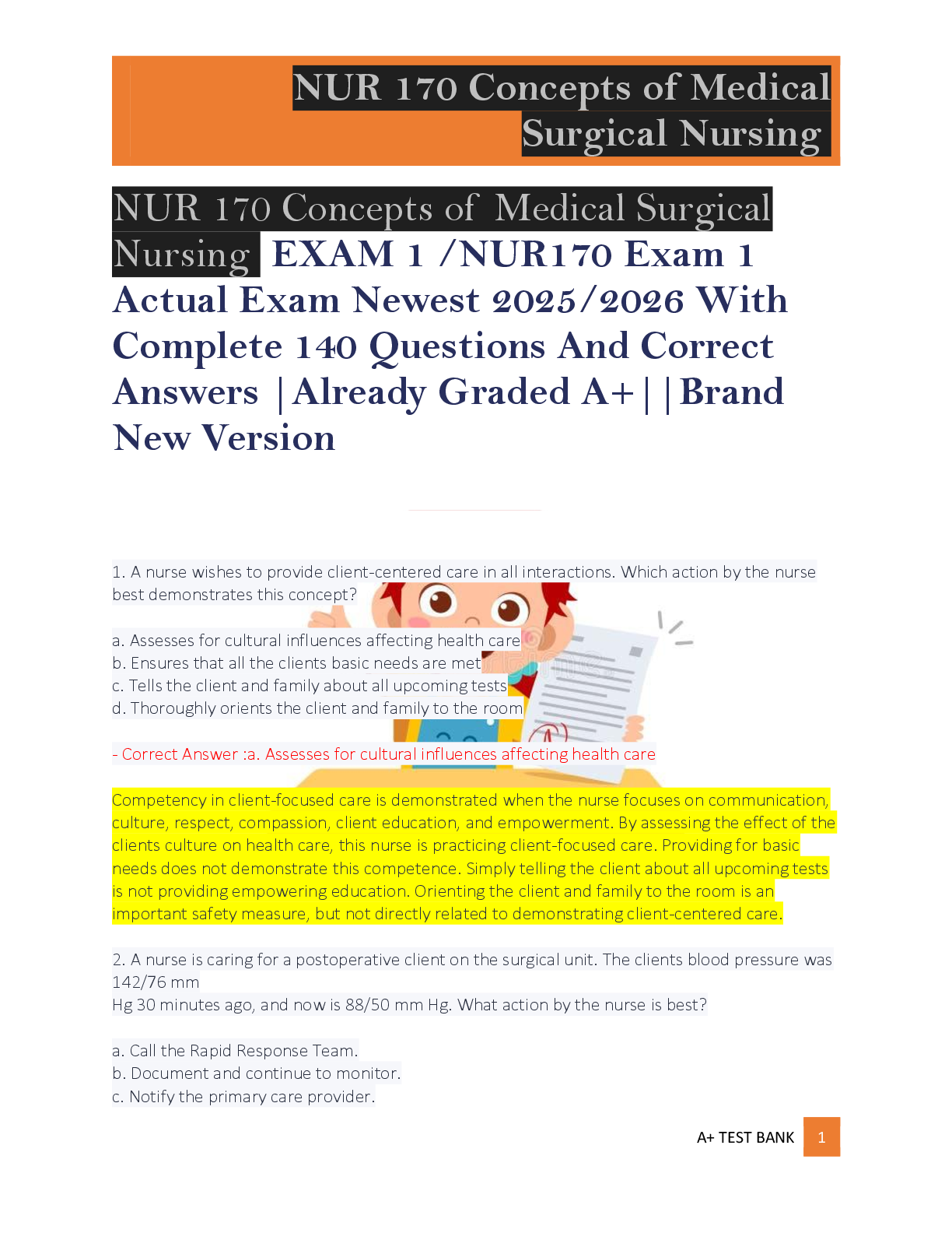 Preview of NUR 170 Concepts of Medical Surgical  Nursing  EXAM 1 /NUR170 Exam 1  Actual Exam Newest 2