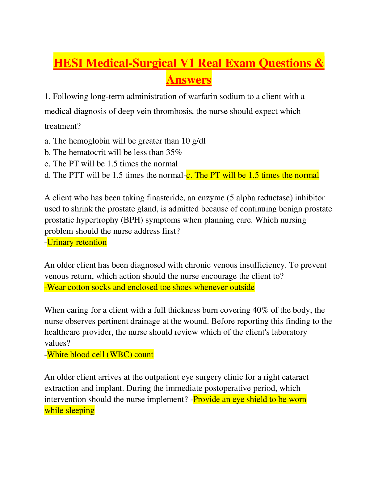 Preview image for HESI Medical-Surgical V1 Real Exam Questions & Answers, Graded 100%