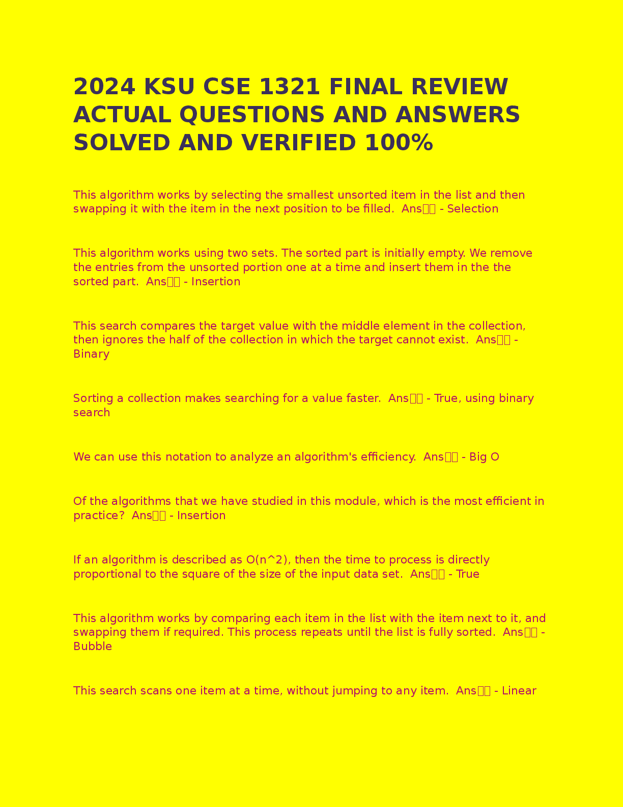 Preview image for 2025/2026 KSU CSE 1321 FINAL REVIEW ACTUAL QUESTIONS AND ANSWERS SOLVED AND VERIFIED 100