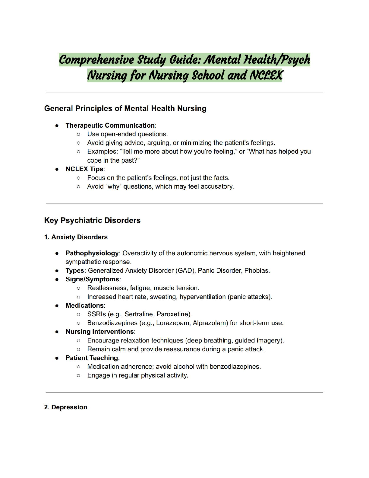 Comprehensive Study Guide – Mental Health & Psych Nursing for Nursing School and NCLEX