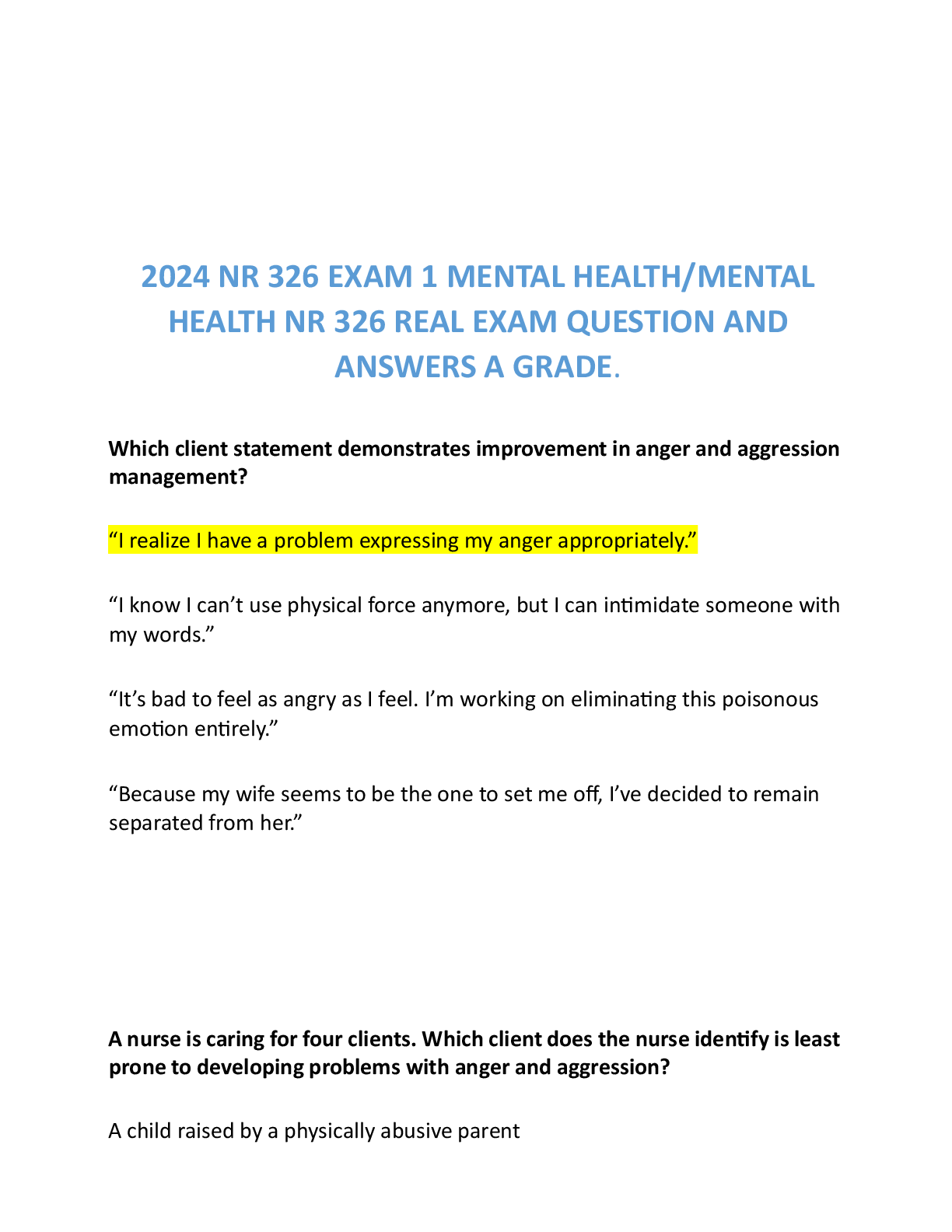 Preview image for 2025/2026 NR 326 EXAM 1 MENTAL HEALTHMENTAL HEALTH NR 326 REAL EXAM QUESTION AND ANSWERS A GRADE