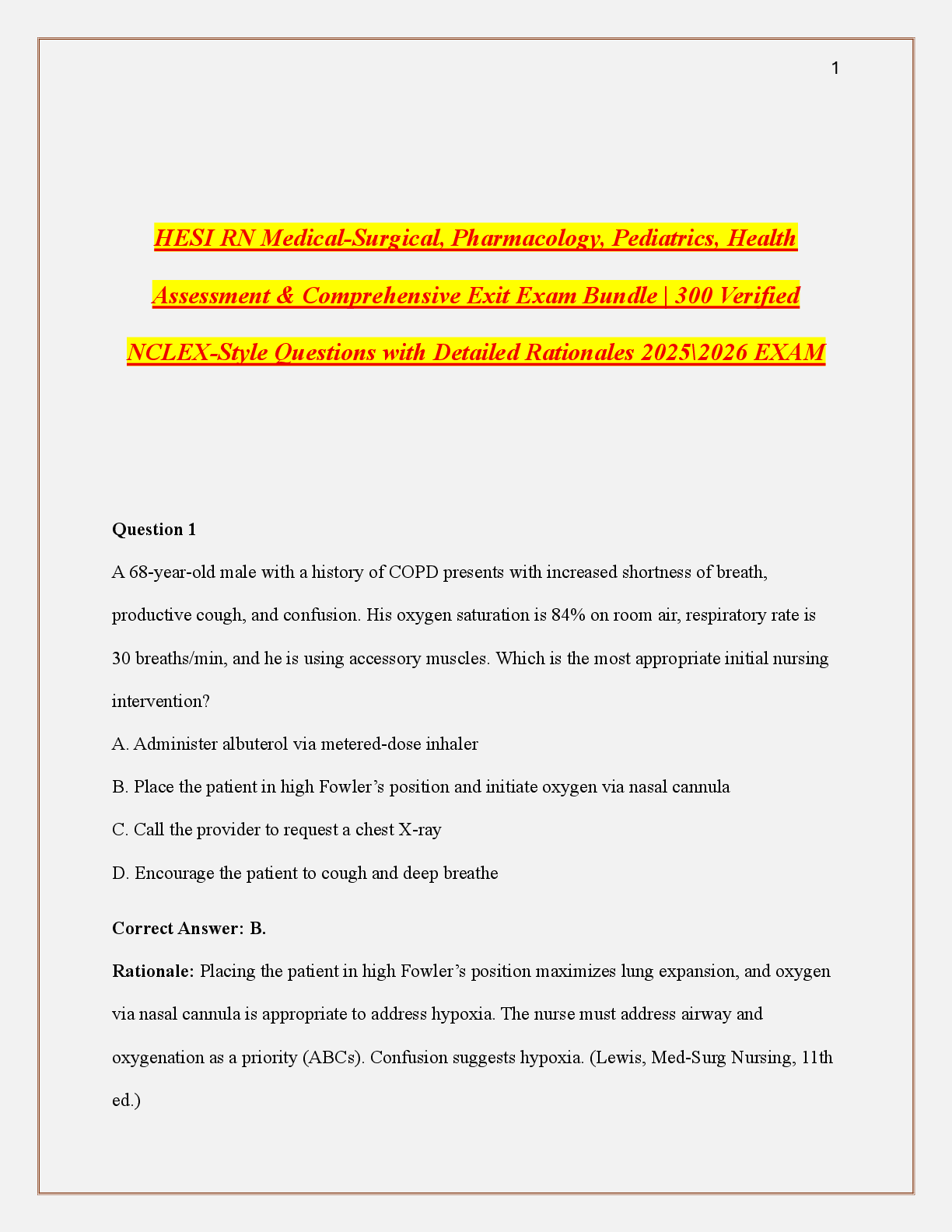 Preview image for HESI RN Medical-Surgical, Pharmacology, Pediatrics, Health  Assessment & Comprehensive Exit Exam Bundle | 300 Verified  NCLEX-Style Questions with Detailed Rationales 2025\2026 EXAM