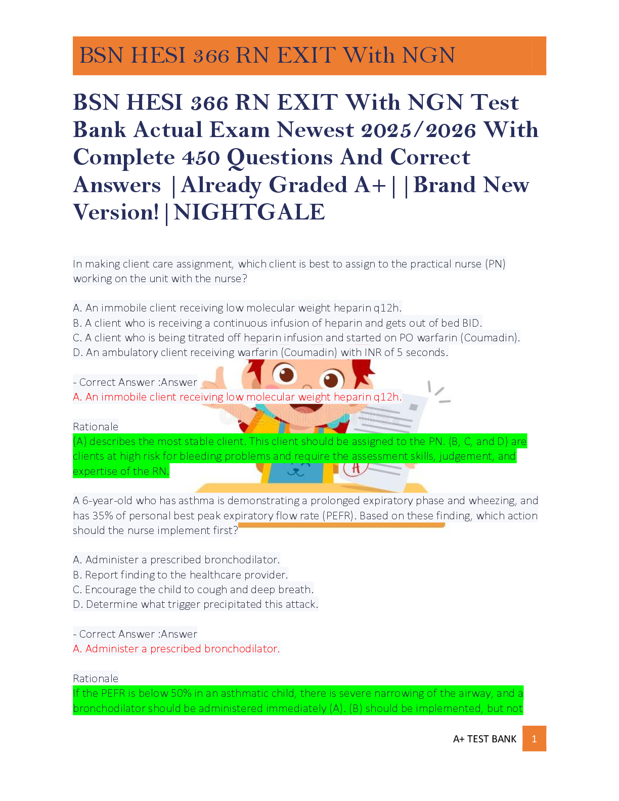 BSN HESI 366 RN EXIT With NGN Test  Bank Actual Exam Newest 2025/2026 With  Complete 450 Questions And Correct  Answers |Already Graded A+||Brand New  Version!|NIGHTGALE