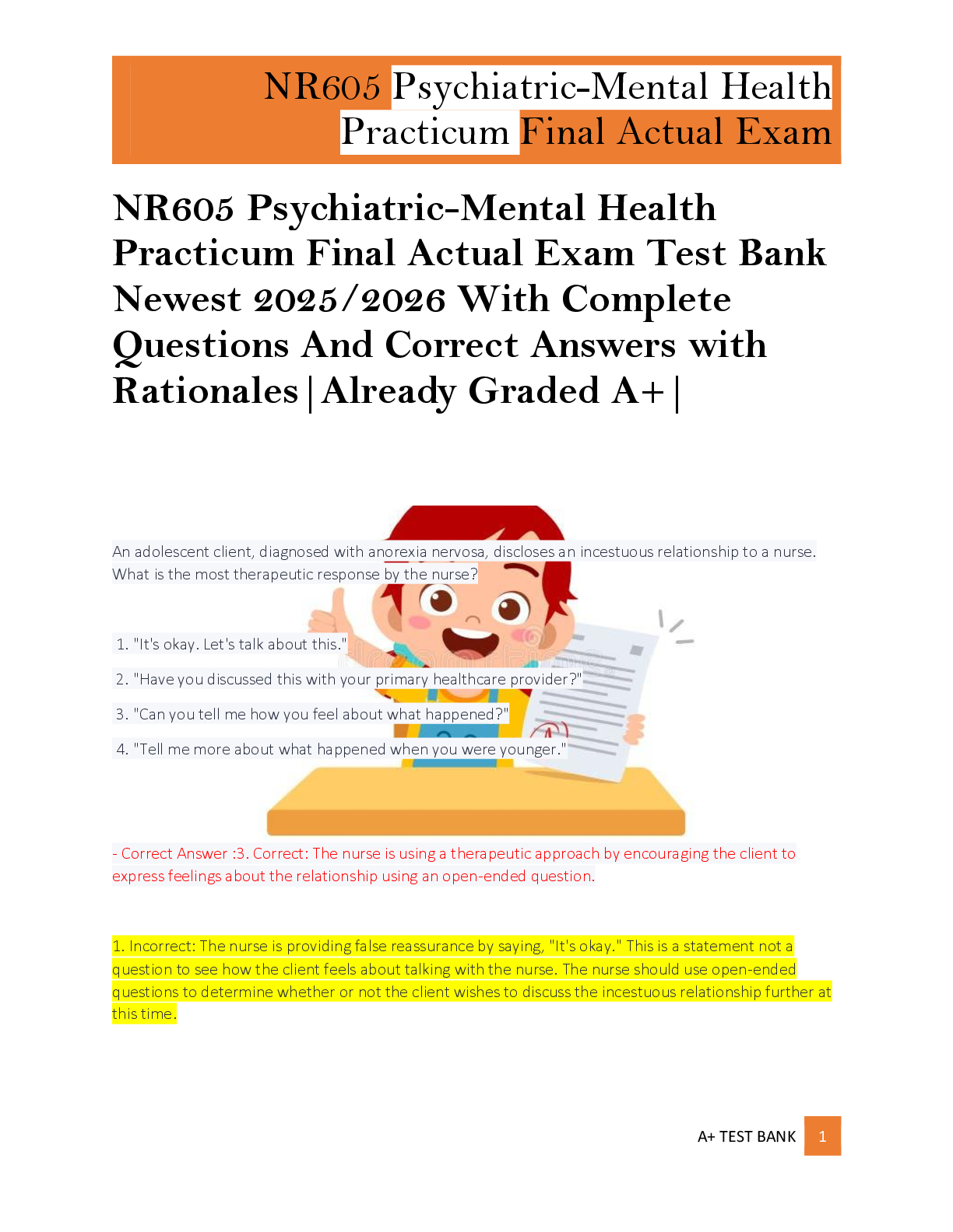 Recommended document preview for NR605 Psychiatric-Mental Health  Practicum Final Actual Exam Test Bank  Newest 2025/2026 With Complete  Questions And Correct Answers  |Already Graded A+||Brand New  Version!|