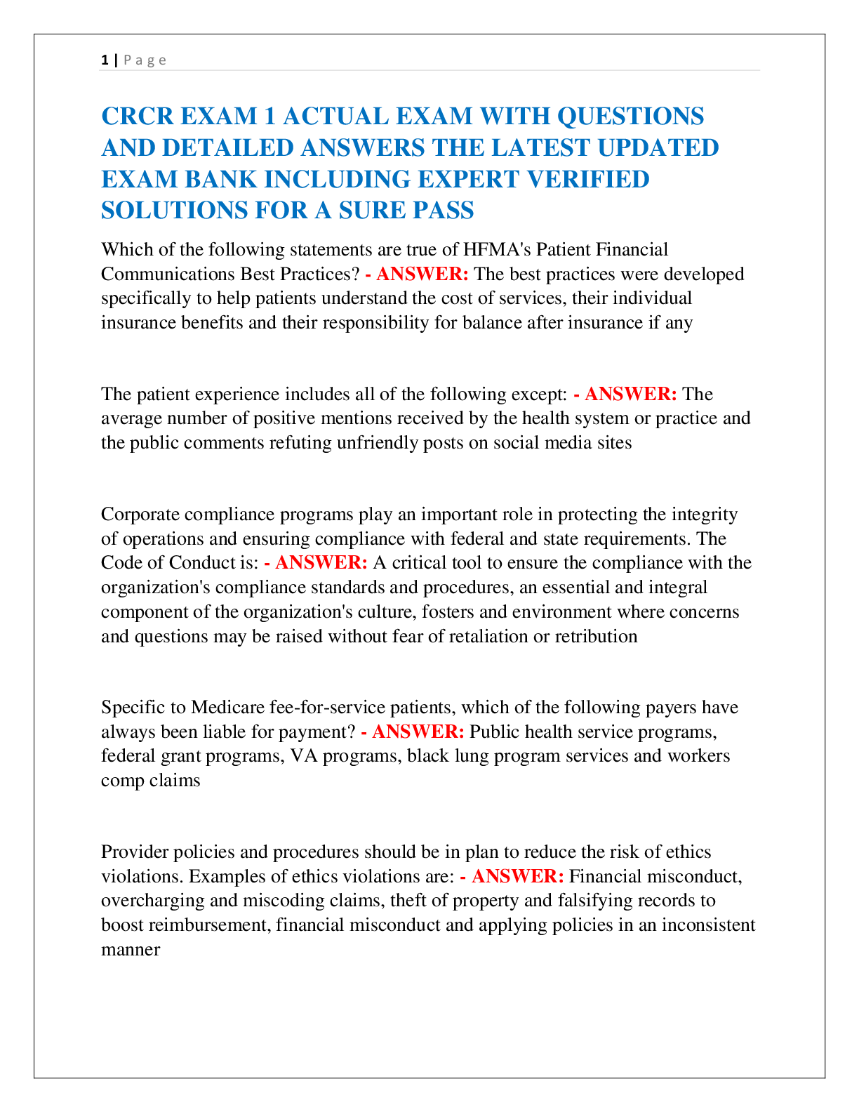 Preview image for CRCR EXAM 1 ACTUAL EXAM WITH QUESTIONS  AND DETAILED ANSWERS THE LATEST UPDATED  EXAM BANK INCLUDING EXPERT VERIFIED  SOLUTIONS FOR A SURE PASS