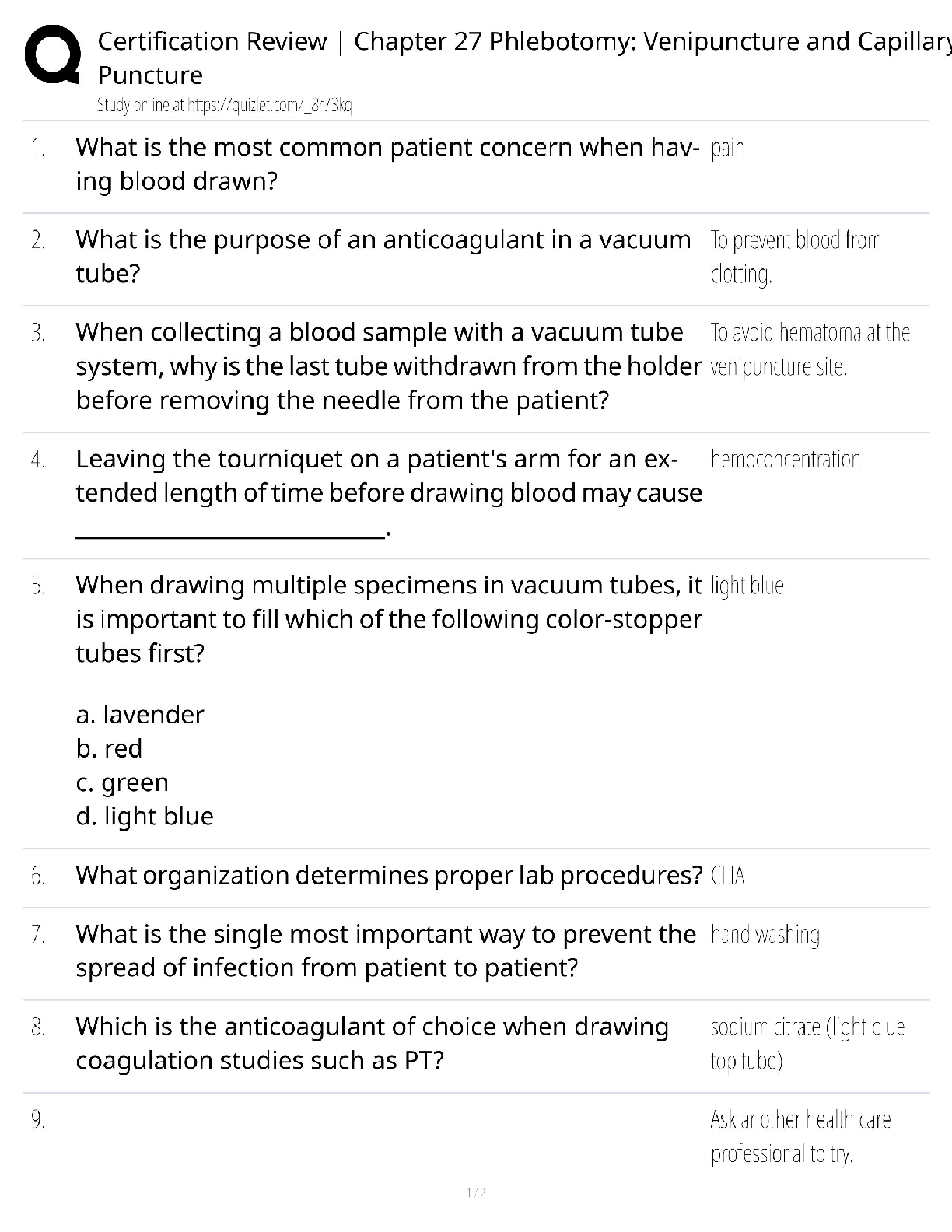 Preview of Phlebotomy Certification Ch 27 Venipuncture & Capillary Puncture / Score 100% / 2025 Study