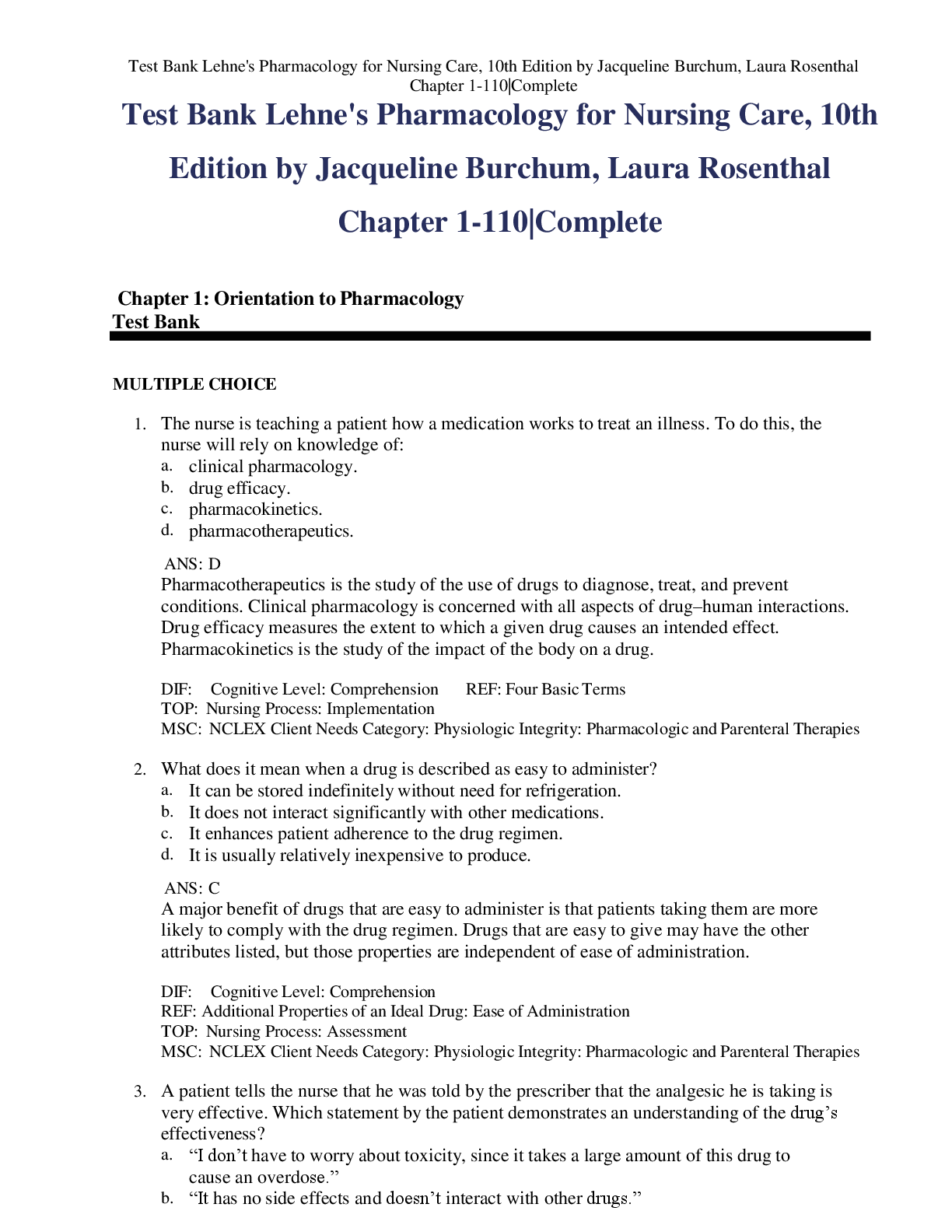 Preview image for Test Bank Lehne's Pharmacology for Nursing Care, 10th  Edition by Jacqueline Burchum, Laura Rosenthal  Chapter 1-110|Complete