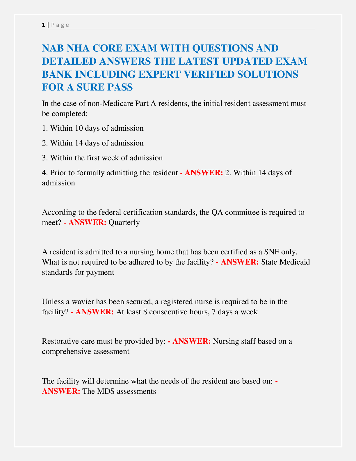 Preview image for NAB NHA CORE EXAM WITH QUESTIONS AND  DETAILED ANSWERS THE LATEST UPDATED EXAM  BANK INCLUDING EXPERT VERIFIED SOLUTIONS  FOR A SURE PASS