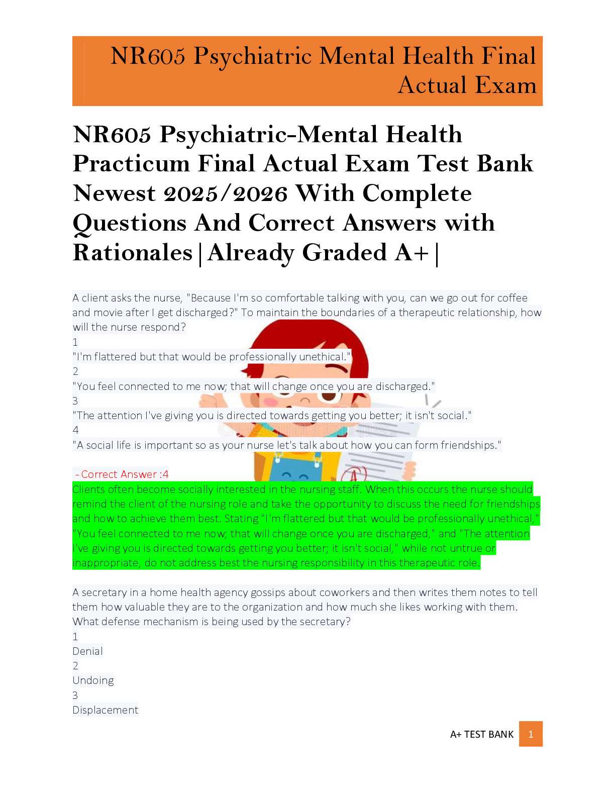 Preview of NR605 Psychiatric-Mental Health  Practicum Final Actual Exam Test Bank  Newest 2025/2026 With Complete  Questions And Correct Answers with  Rationales|Already Graded A+|