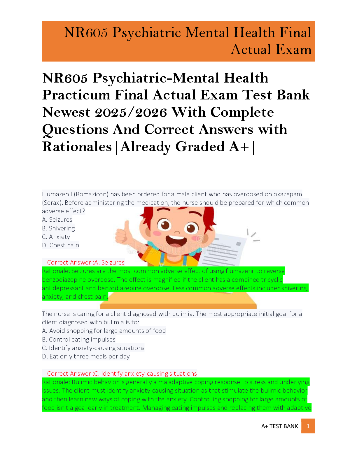 Preview of NR605 Psychiatric-Mental Health  Practicum Final Actual Exam Test Bank  Newest 2025/2026 With Complete  Questions And Correct Answers with  Rationales|Already Graded A+|