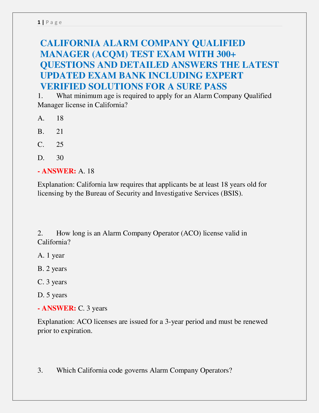 Preview image for CALIFORNIA ALARM COMPANY QUALIFIED  MANAGER (ACQM) TEST EXAM WITH 300+  QUESTIONS AND DETAILED ANSWERS THE LATEST  UPDATED EXAM BANK INCLUDING EXPERT  VERIFIED SOLUTIONS FOR A SURE PASS