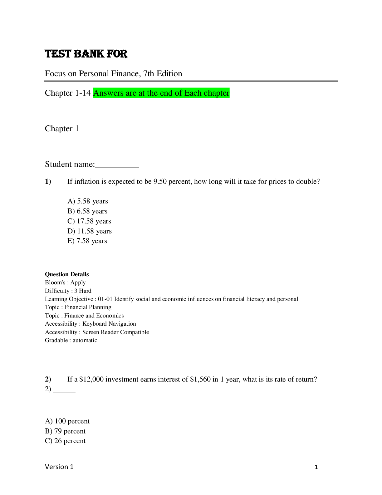 Preview image for Test Bank for  Focus on Personal Finance, 7th Edition  Chapter 1-14