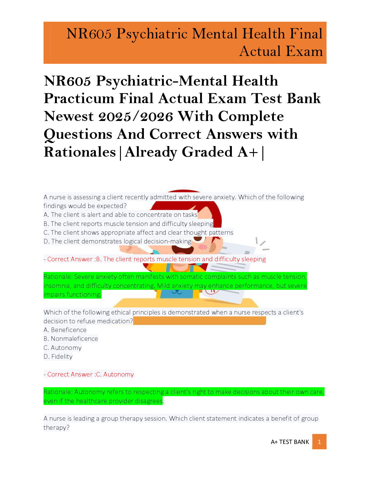 Preview of NR605 Psychiatric-Mental Health  Practicum Final Actual Exam Test Bank  Newest 2025/2026 With Complete  Questions And Correct Answers with  Rationales|Already Graded A+|