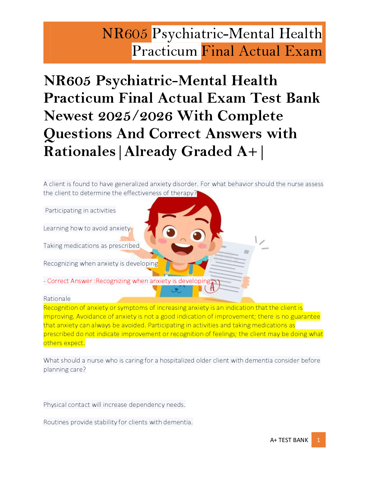 Preview of NR605 Psychiatric-Mental Health  Practicum Final Actual Exam Test Bank  Newest 2025/2026 With Complete  Questions And Correct Answers  |Already Graded A+||Brand New  Version!|