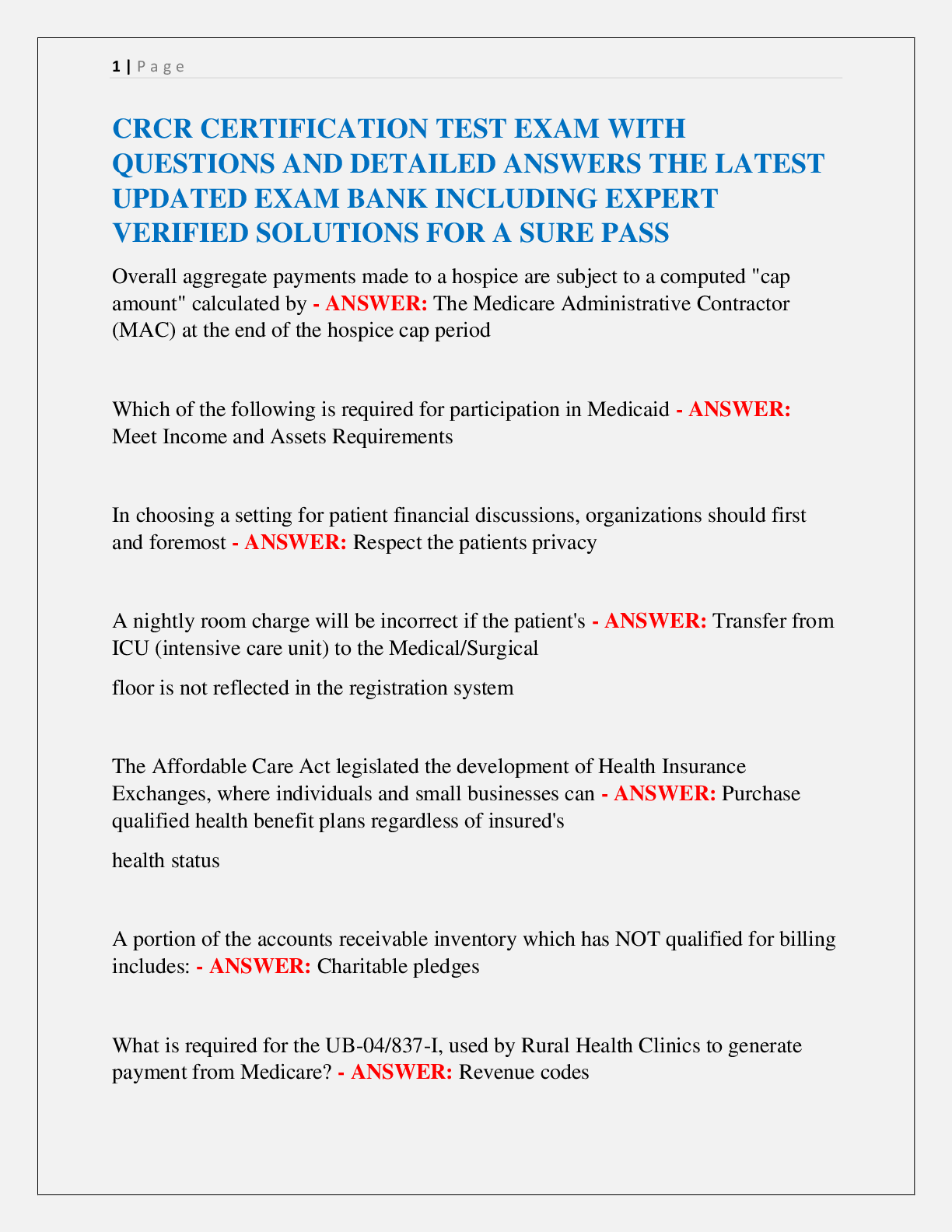 Preview image for CRCR CERTIFICATION TEST EXAM WITH  QUESTIONS AND DETAILED ANSWERS THE LATEST  UPDATED EXAM BANK INCLUDING EXPERT  VERIFIED SOLUTIONS FOR A SURE PASS