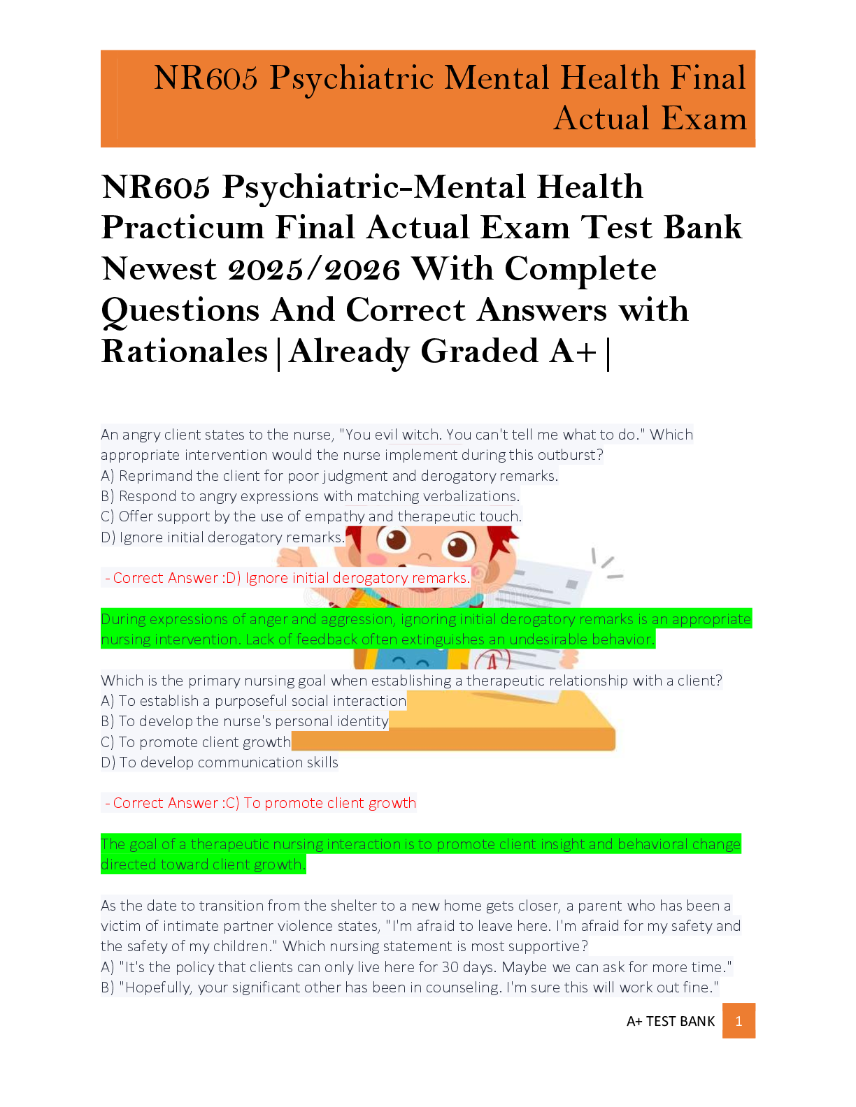 Preview of NR605 Psychiatric-Mental Health  Practicum Final Actual Exam Test Bank  Newest 2025/2026 W