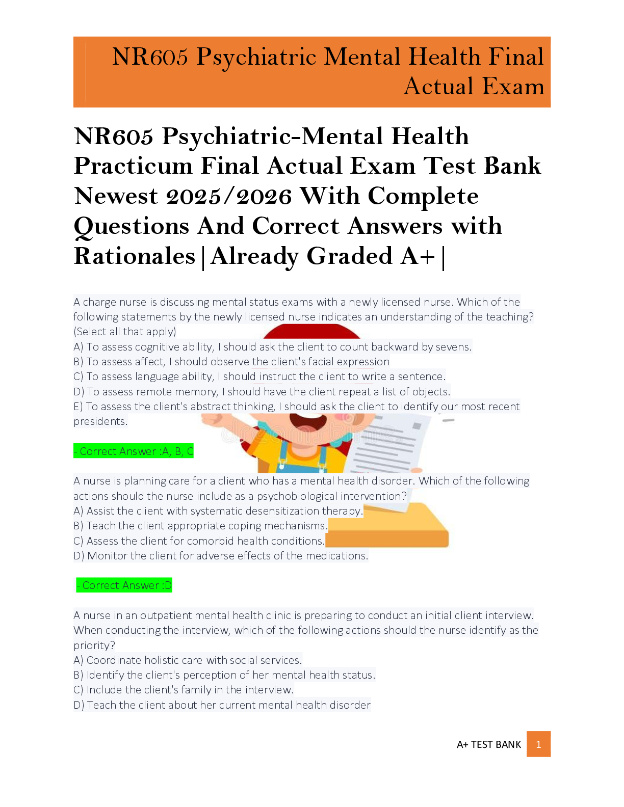 Recommended document preview for NR605 Psychiatric-Mental Health  Practicum Final Actual Exam Test Bank  Newest 2025/2026 With Complete  Questions And Correct Answers with  Rationales|Already Graded A+|