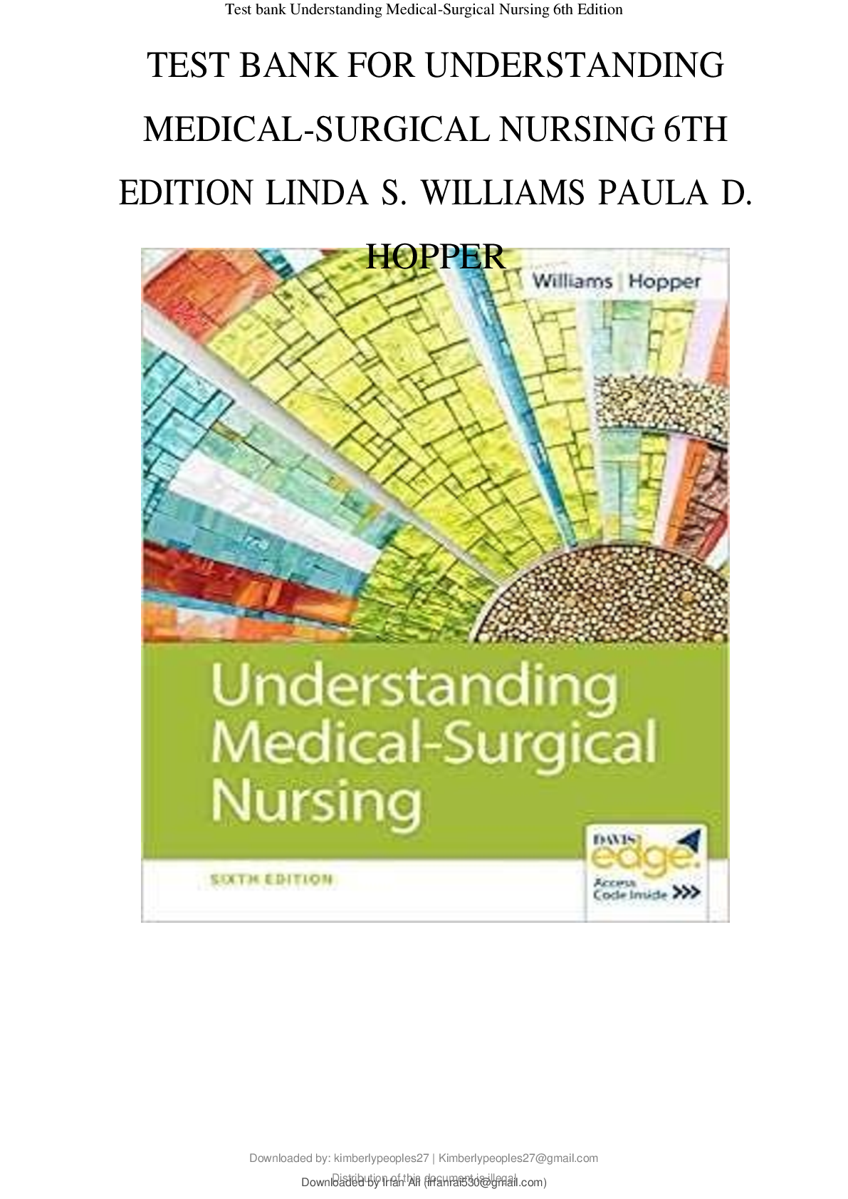 Preview image for TEST BANK FOR UNDERSTANDING  MEDICAL-SURGICAL NURSING 6TH  EDITION LINDA S. WILLIAMS PAULA D.  HOPPER