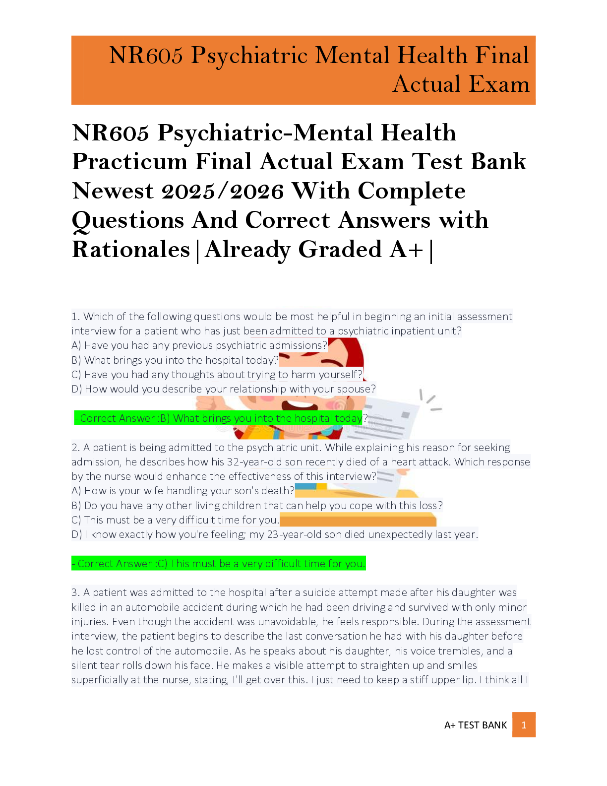 Recommended document preview for NR605 Psychiatric-Mental Health  Practicum Final Actual Exam Test Bank  Newest 2025/2026 With Complete  Questions And Correct Answers with  Rationales|Already Graded A+|