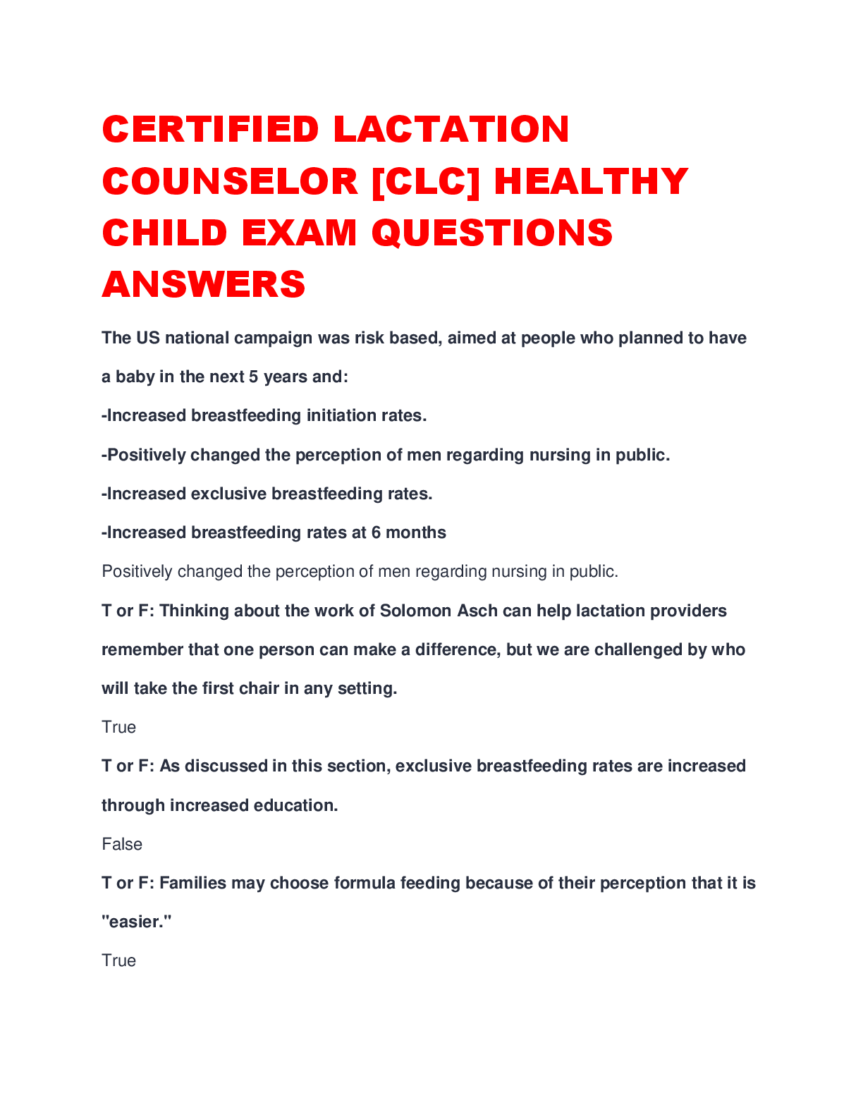 Preview image for CERTIFIED LACTATION COUNSELOR [CLC] HEALTHY CHILD EXAM QUESTIONS ANSWERS