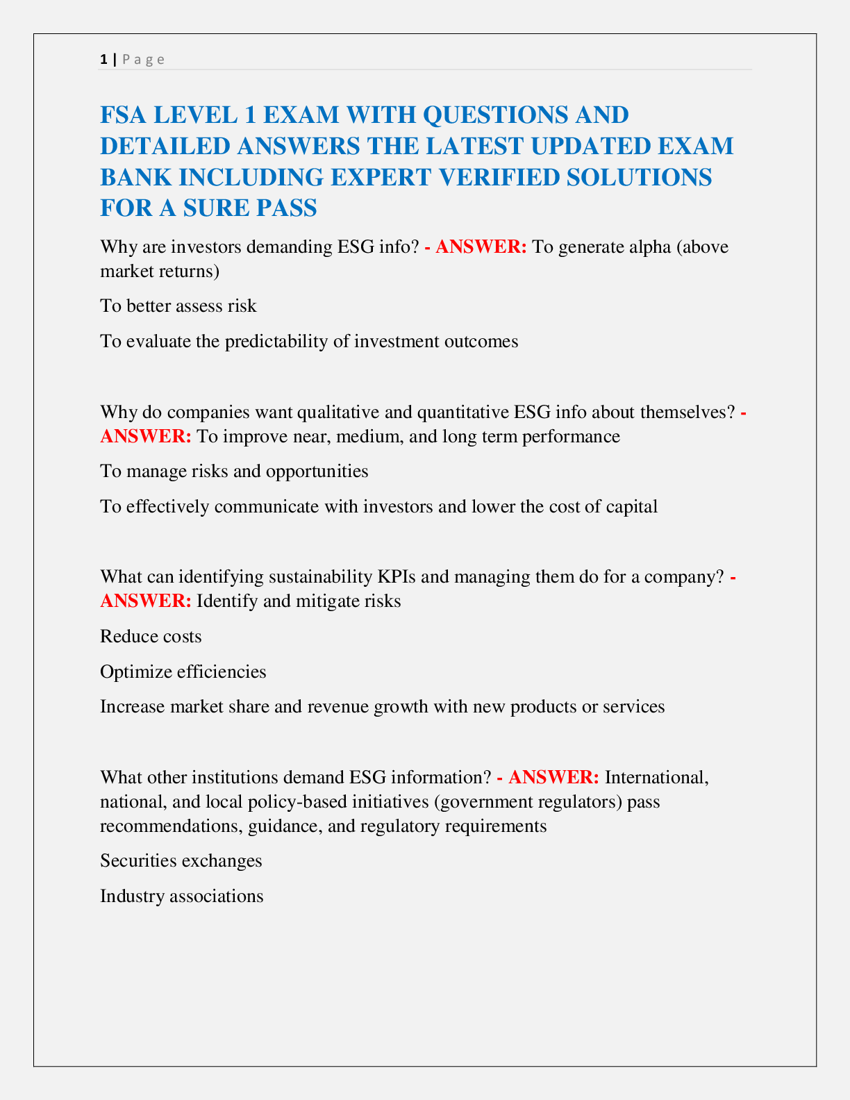 Preview image for FSA LEVEL 1 EXAM WITH QUESTIONS AND  DETAILED ANSWERS THE LATEST UPDATED EXAM  BANK INCLUDING EXPERT VERIFIED SOLUTIONS  FOR A SURE PASS