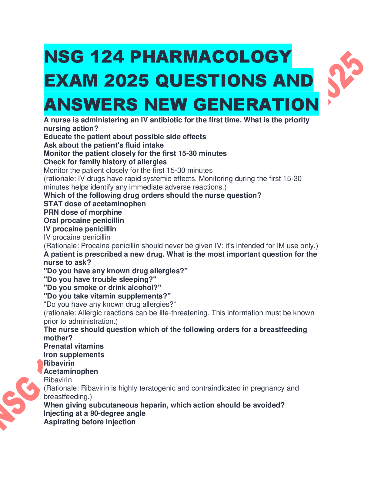 Preview image for NSG 124 PHARMACOLOGY EXAM 2025 QUESTIONS AND ANSWERS NEW GENERATION