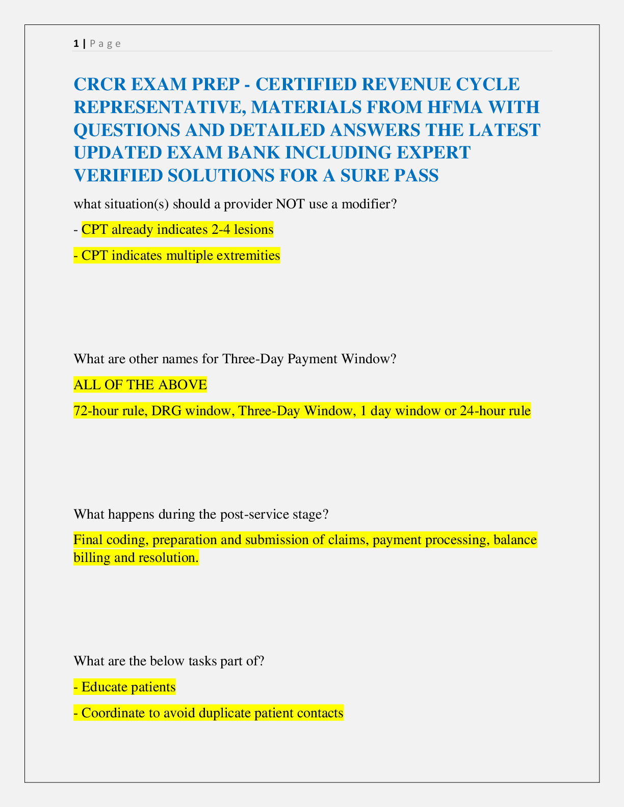 Preview image for CRCR EXAM PREP - CERTIFIED REVENUE CYCLE  REPRESENTATIVE, MATERIALS FROM HFMA WITH  QUESTIONS AND DETAILED ANSWERS THE LATEST  UPDATED EXAM BANK INCLUDING EXPERT  VERIFIED SOLUTIONS FOR A SURE PASS