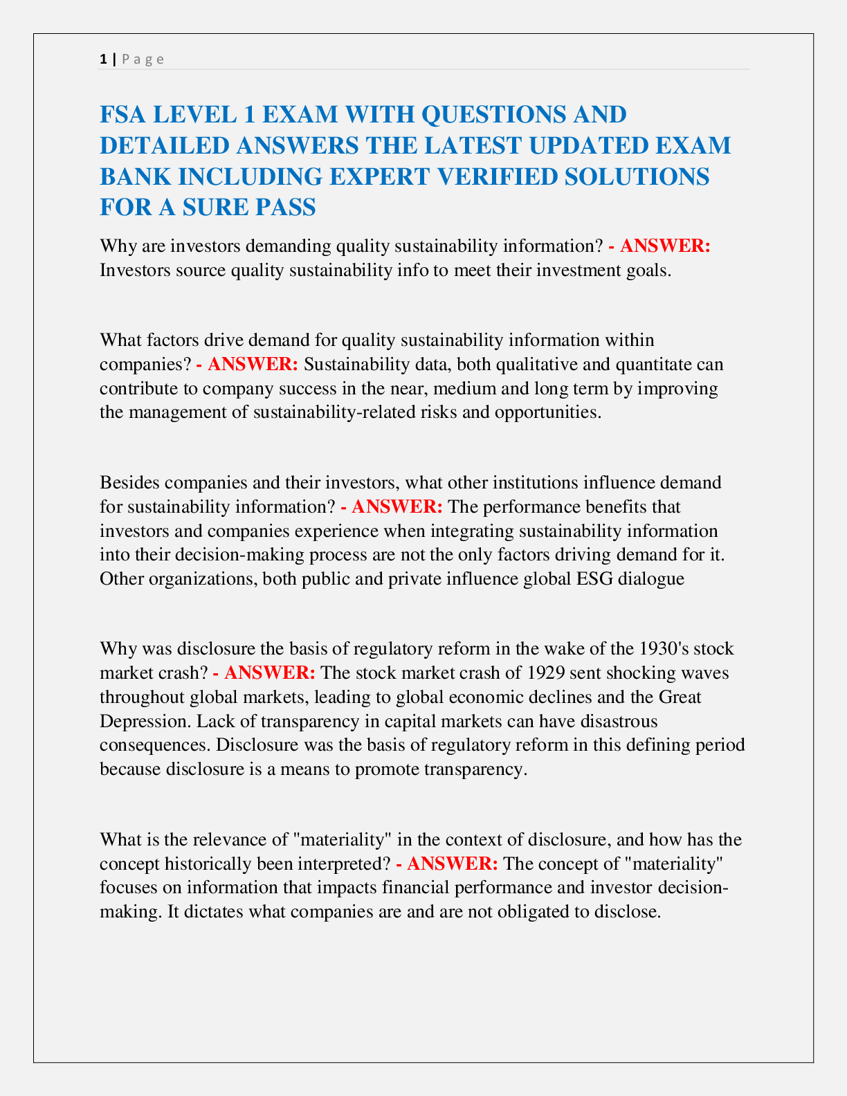 Preview image for FSA LEVEL 1 EXAM WITH QUESTIONS AND  DETAILED ANSWERS THE LATEST UPDATED EXAM  BANK INCLUDING EXPERT VERIFIED SOLUTIONS  FOR A SURE PASS