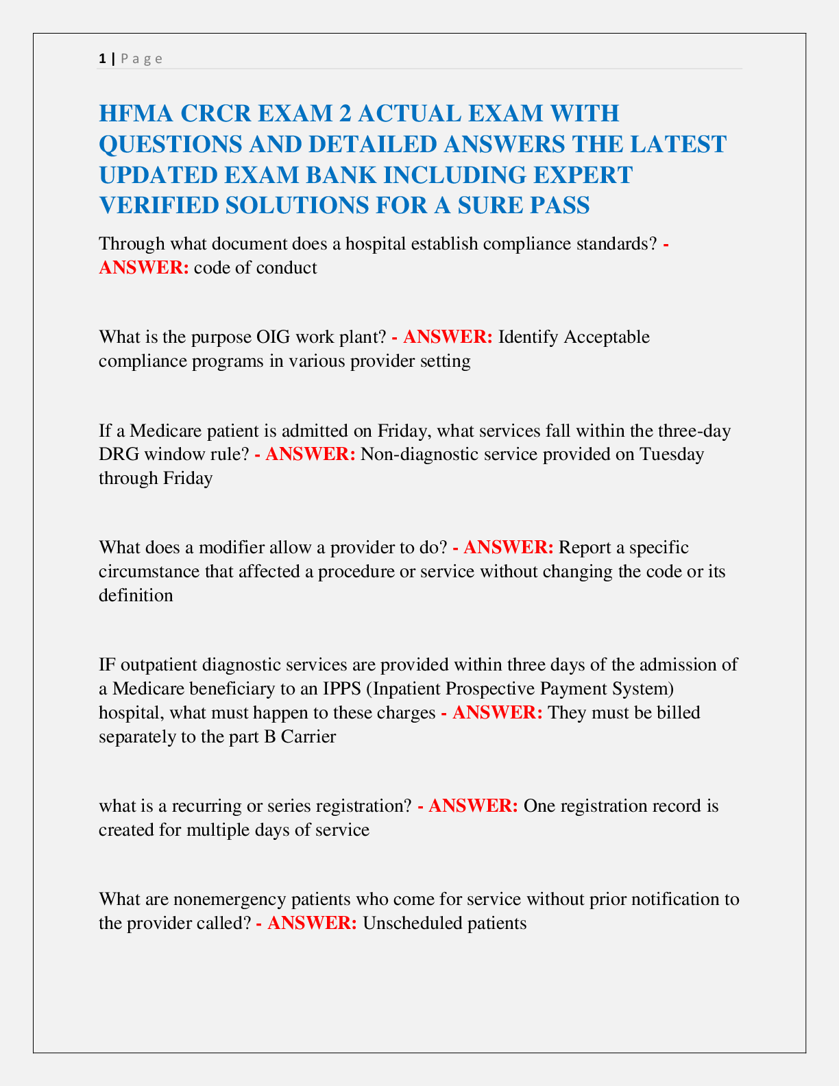 Preview image for HFMA CRCR EXAM 2 ACTUAL EXAM WITH  QUESTIONS AND DETAILED ANSWERS THE LATEST  UPDATED EXAM BANK INCLUDING EXPERT  VERIFIED SOLUTIONS FOR A SURE PASS