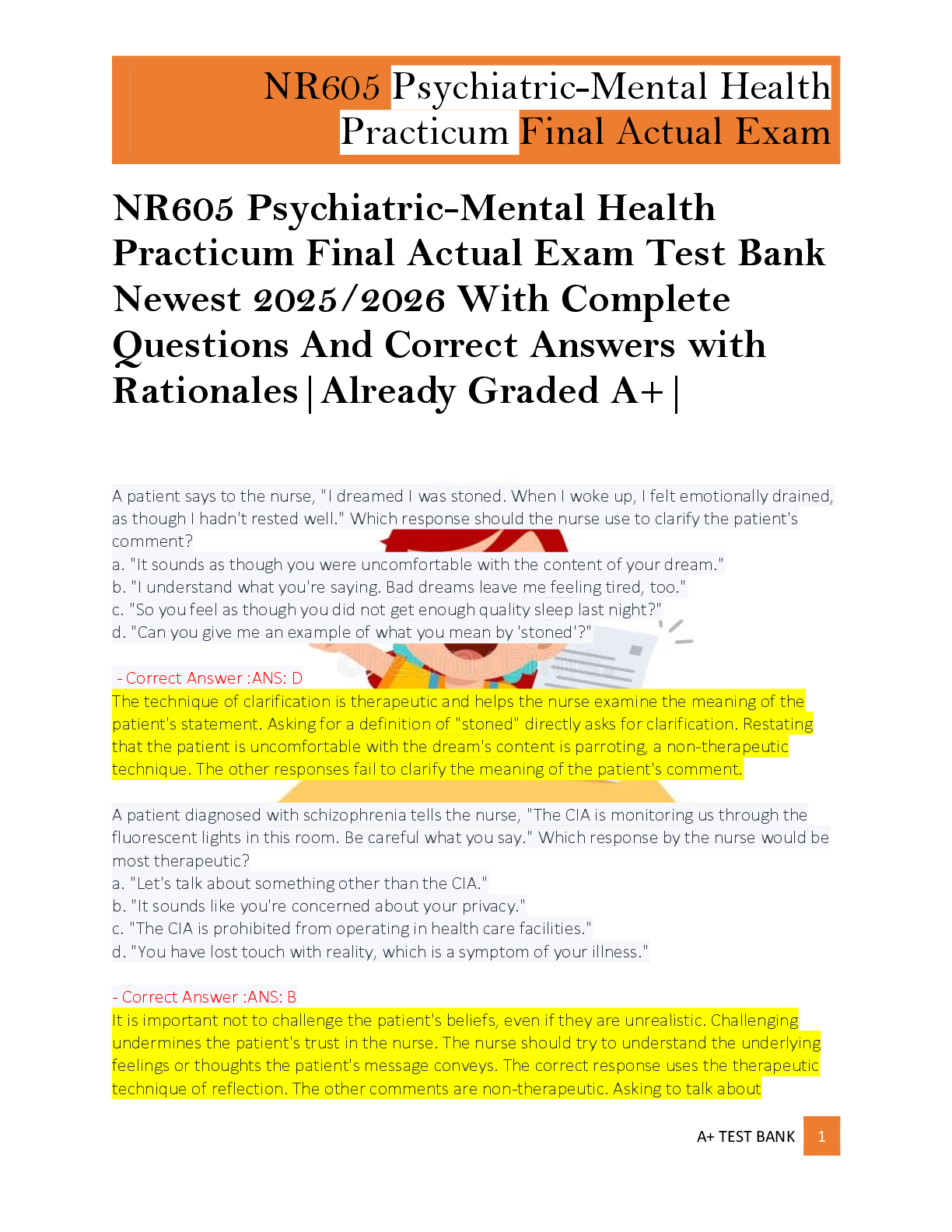 Recommended document preview for NR605 Psychiatric-Mental Health  Practicum Final Actual Exam Test Bank  Newest 2025/2026 With Complete  Questions And Correct Answers  |Already Graded A+||Brand New  Version!|