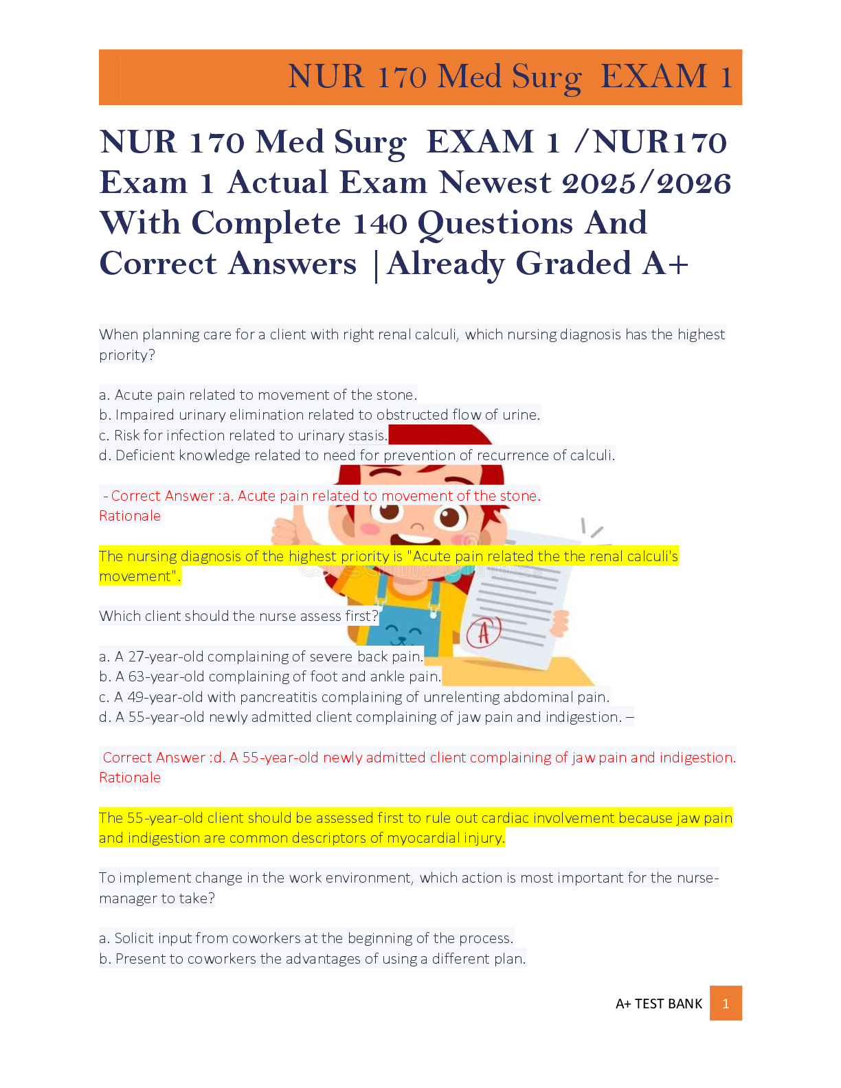 Preview of NUR 170 Med Surg  EXAM 1 /NUR170  Exam 1 Actual Exam Newest 2025/2026  With Complete 140 Questions And  Correct Answers |Already Graded A+
