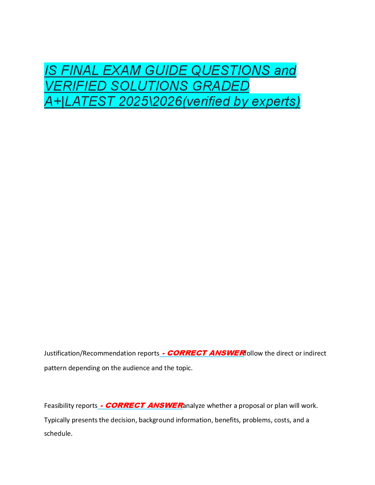 IS FINAL EXAM GUIDE QUESTIONS and  VERIFIED SOLUTIONS GRADED  A+|LATEST 2025\2026(verified by experts)