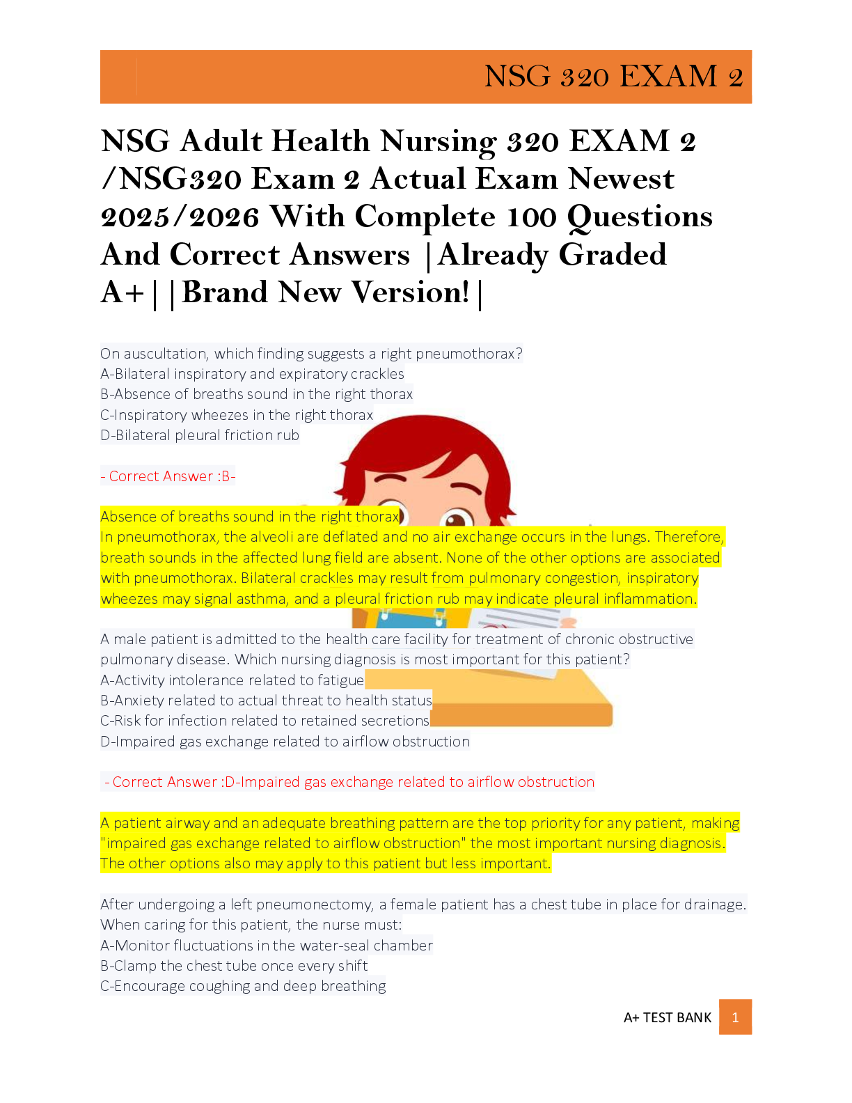 Preview of NSG Adult Health Nursing 320 EXAM 2  /NSG320 Exam 2 Actual Exam Newest  2025/2026 With Com