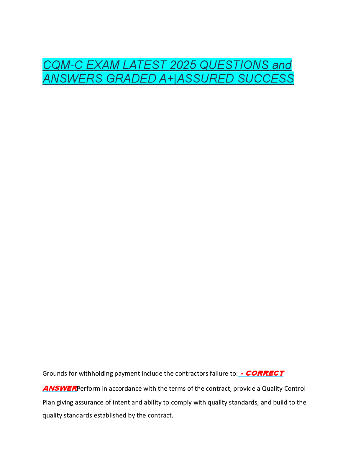 CQM-C EXAM LATEST 2025 QUESTIONS and  ANSWERS GRADED A+|ASSURED SUCCESS