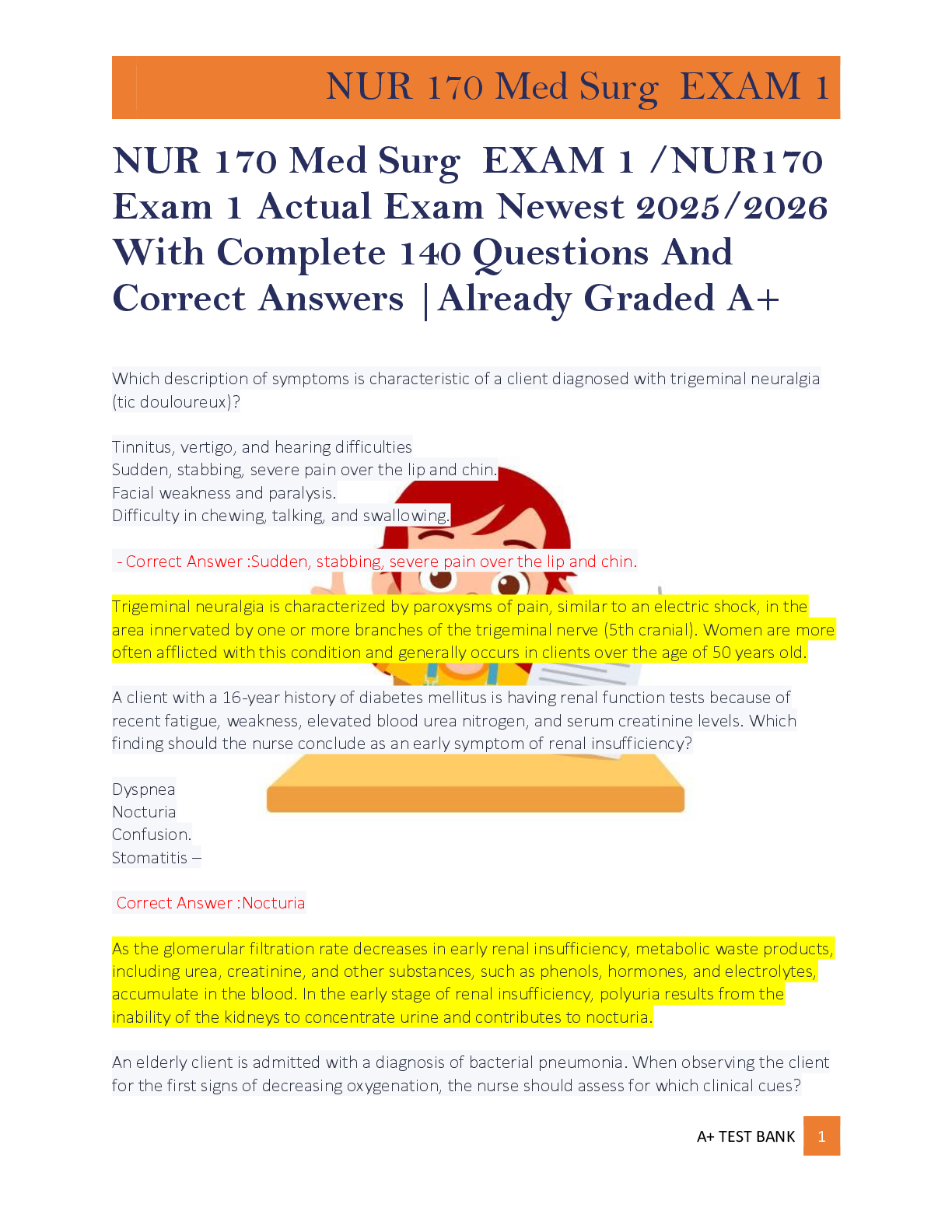 Preview of NUR 170 Med Surg  EXAM 1 /NUR170  Exam 1 Actual Exam Newest 2025/2026  With Complete 140 Q