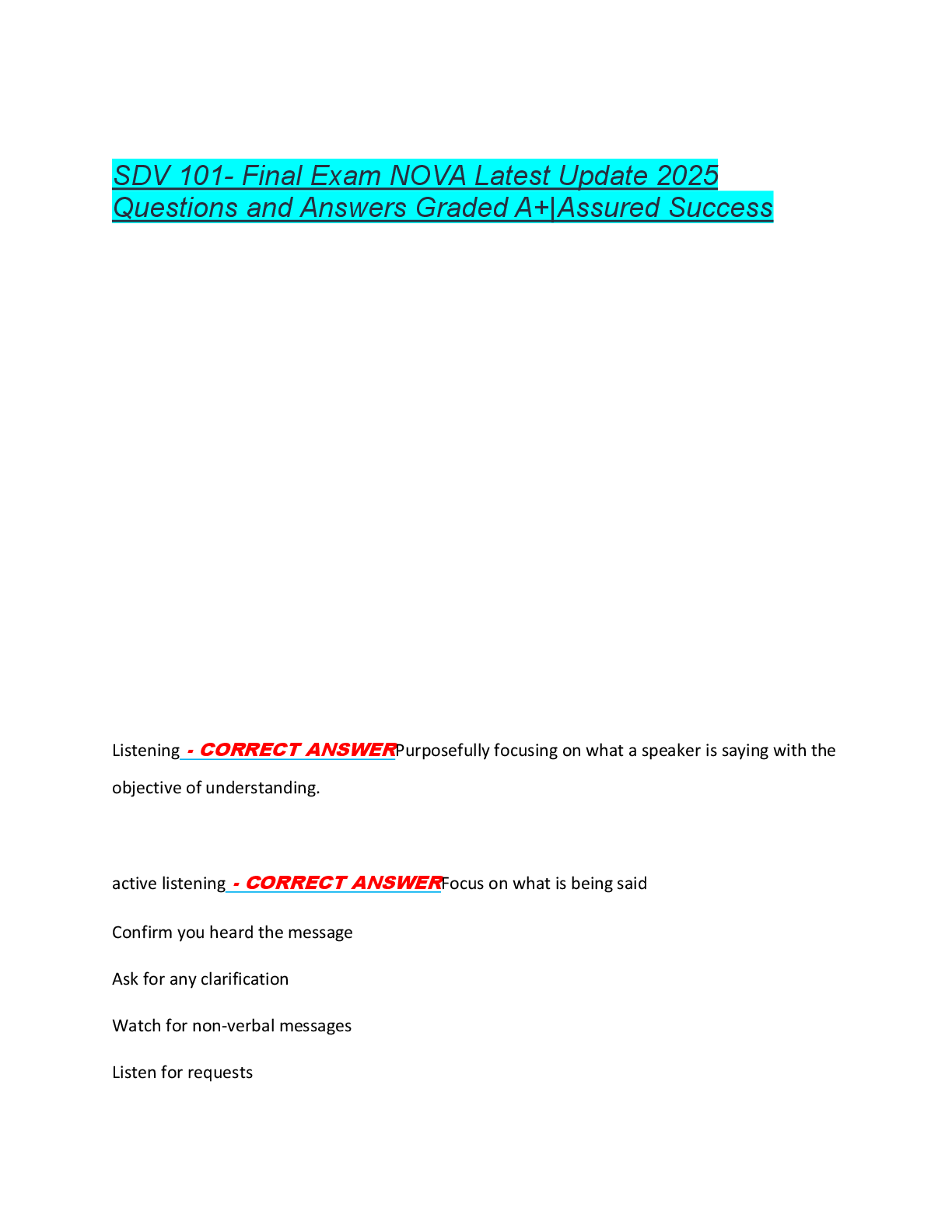 SDV 101- Final Exam NOVA Latest Update 2025  Questions and Answers Graded A+|Assured Success
