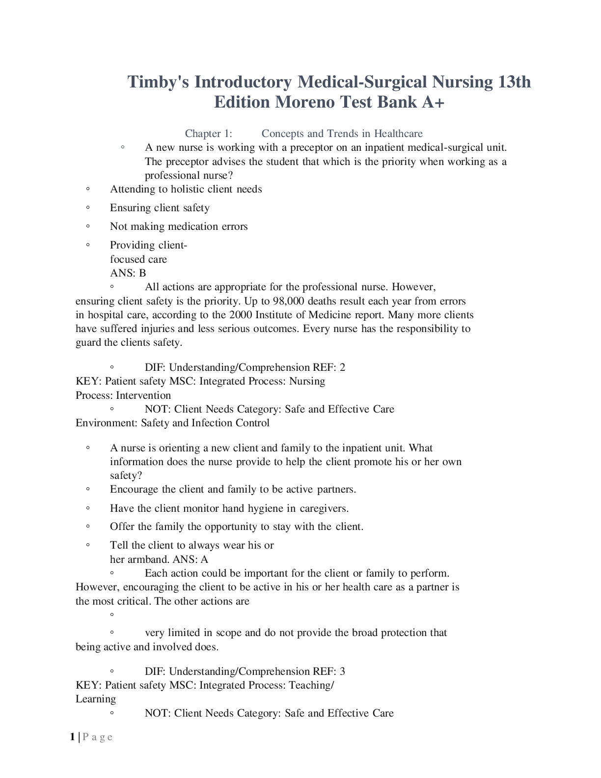 Preview image for Timby's Introductory Medical-Surgical Nursing 13th  Edition Moreno Test Bank