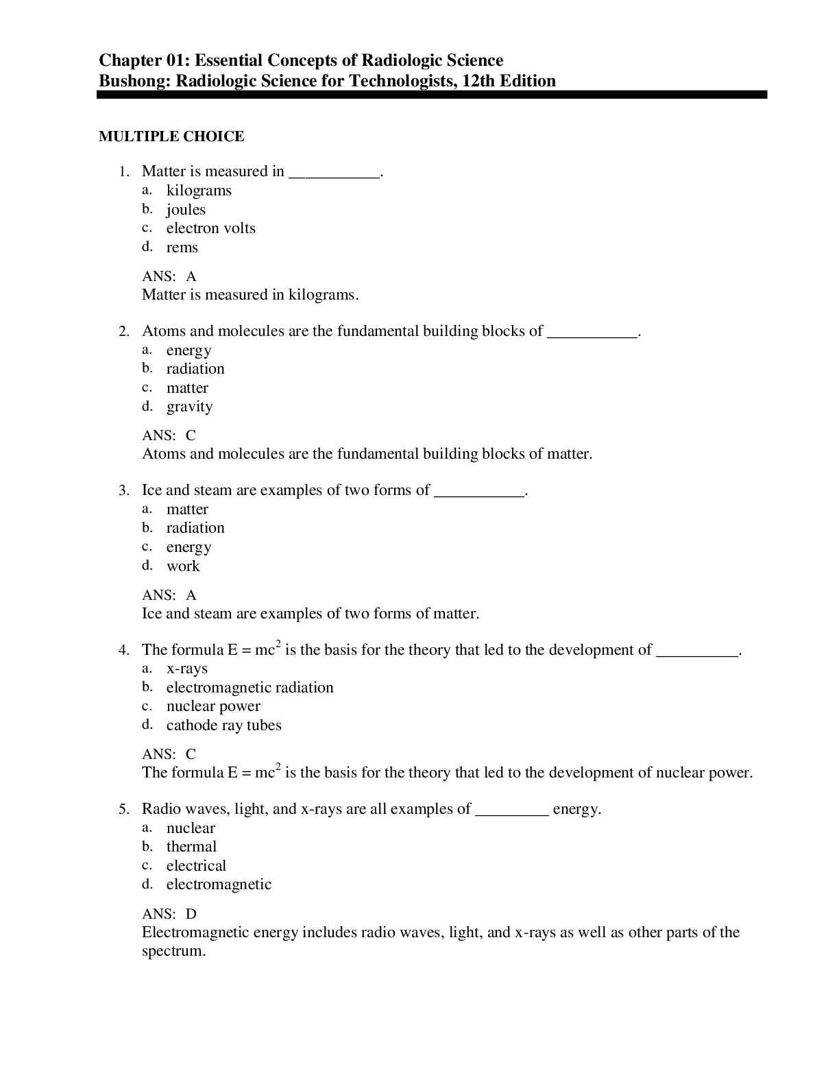 Preview image for Test Bank for Radiologic Science for Technologists 12th Edition by Bushong Chapter 1–40