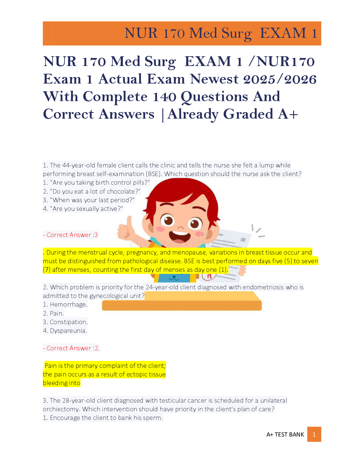 Preview of NUR 170 Med Surg  EXAM 1 /NUR170  Exam 1 Actual Exam Newest 2025/2026  With Complete 140 Questions And  Correct Answers |Already Graded A+