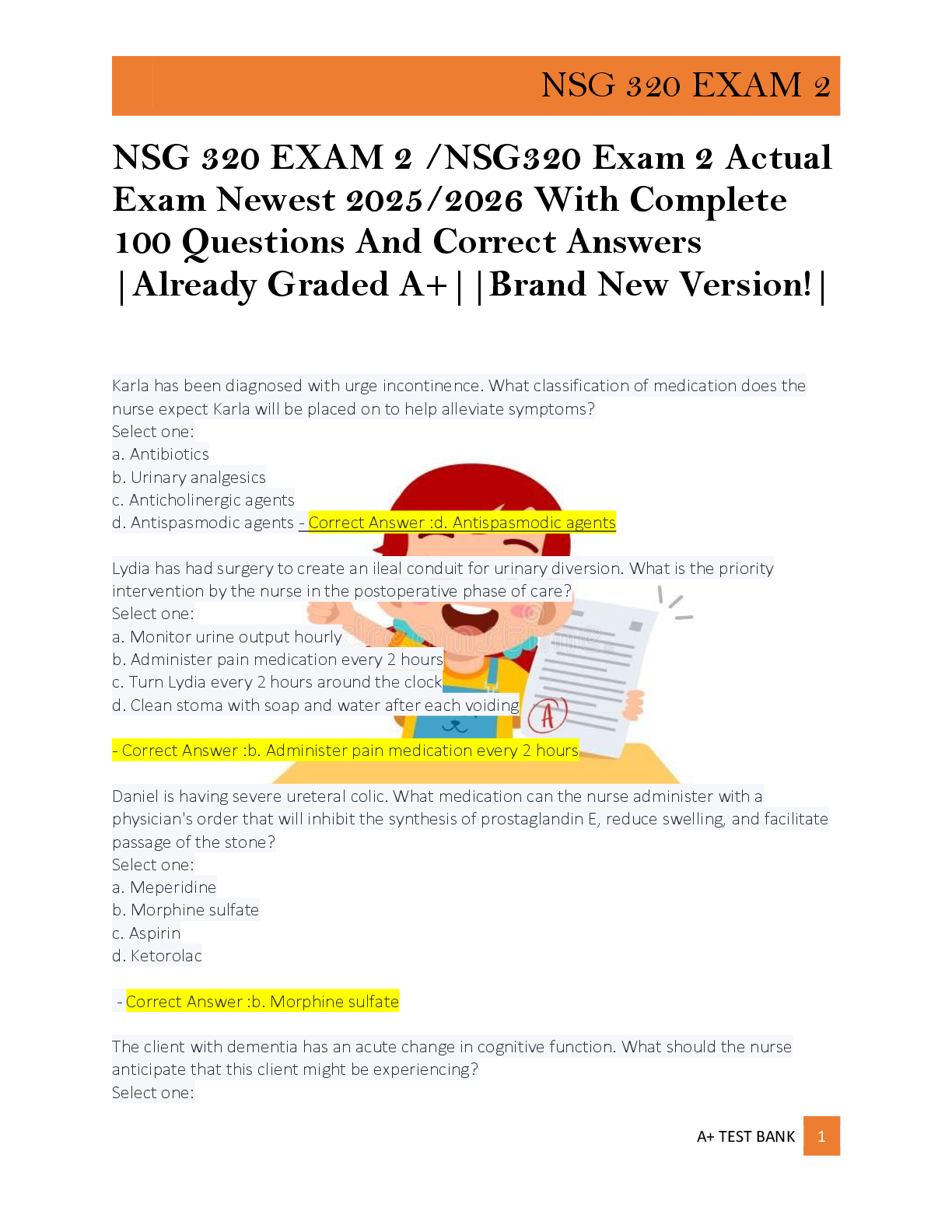 Preview of NSG 320 EXAM 2 /NSG320 Exam 2 Actual  Exam Newest 2025/2026 With Complete  100 Questions A