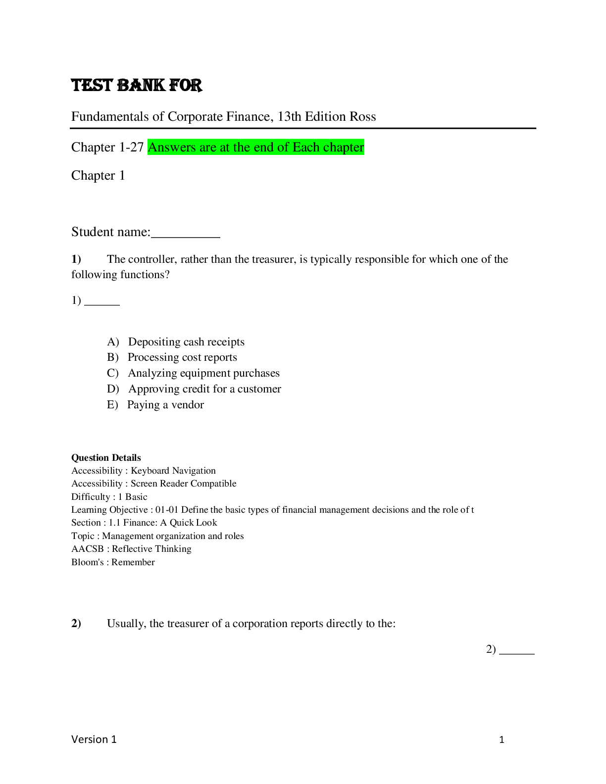 Preview image for Test Bank for  Fundamentals of Corporate Finance, 13th Edition Ross  Chapter 1-27