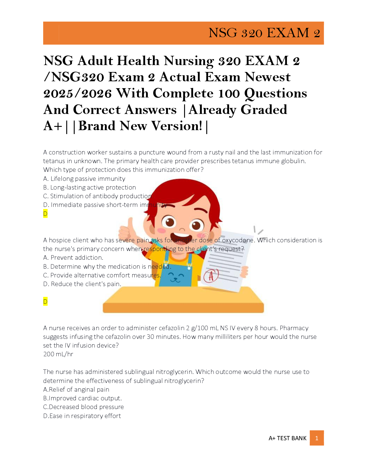 Preview of NSG Adult Health Nursing 320 EXAM 2  /NSG320 Exam 2 Actual Exam Newest  2025/2026 With Com