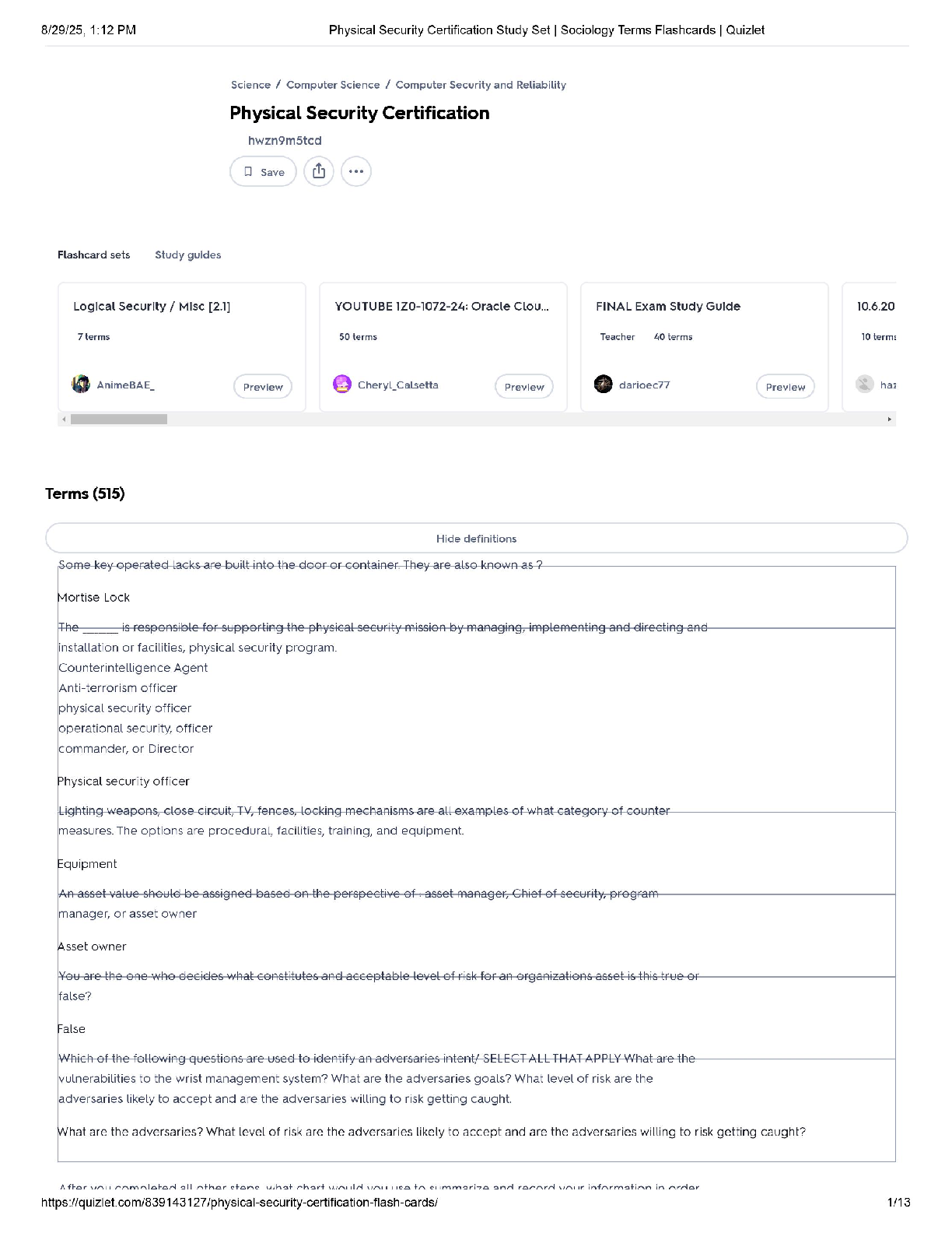 Physical Security Certification / Sociology Key Terms / 2025 Study Set / Score 100% on Quizlet