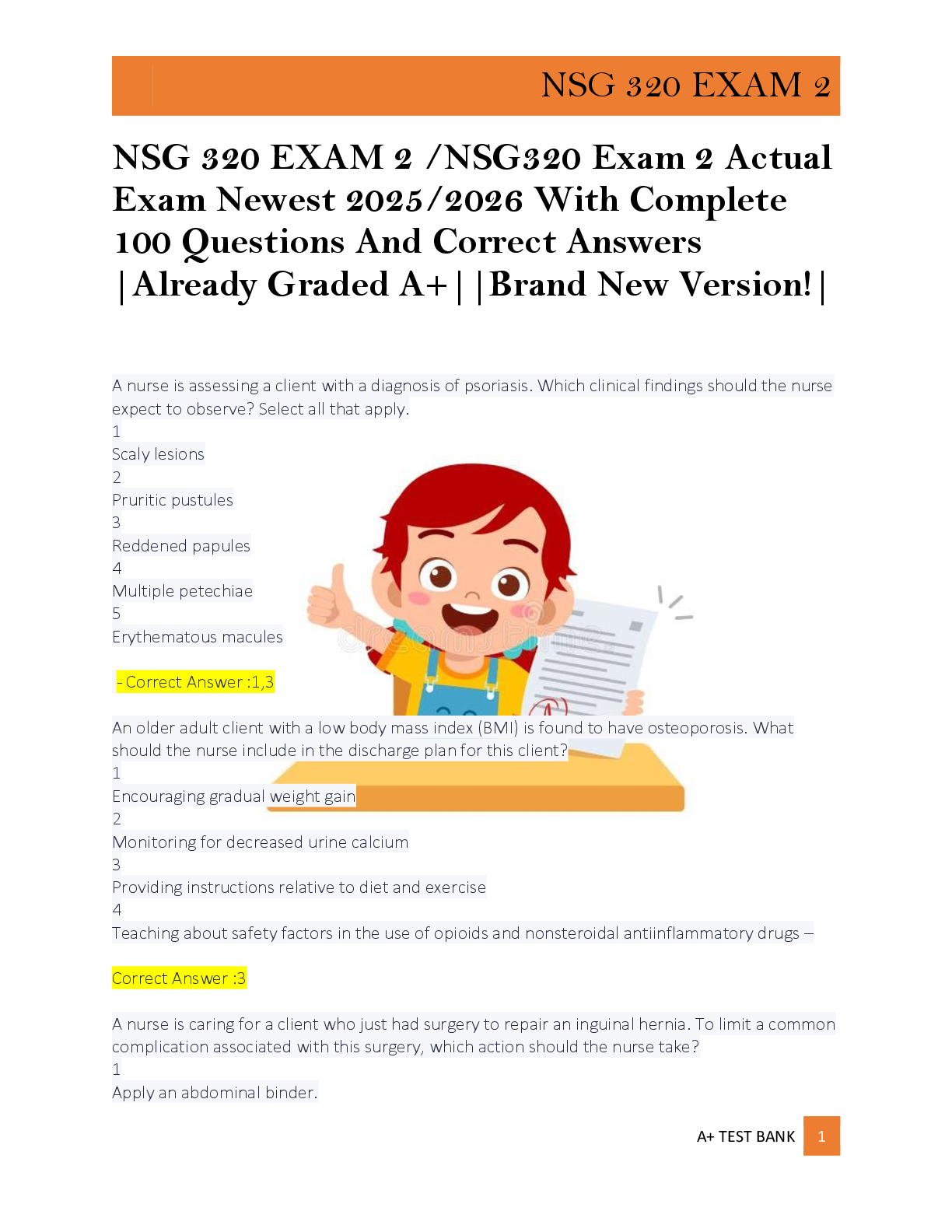 Preview of NSG 320 EXAM 2 /NSG320 Exam 2 Actual  Exam Newest 2025/2026 With Complete  100 Questions A
