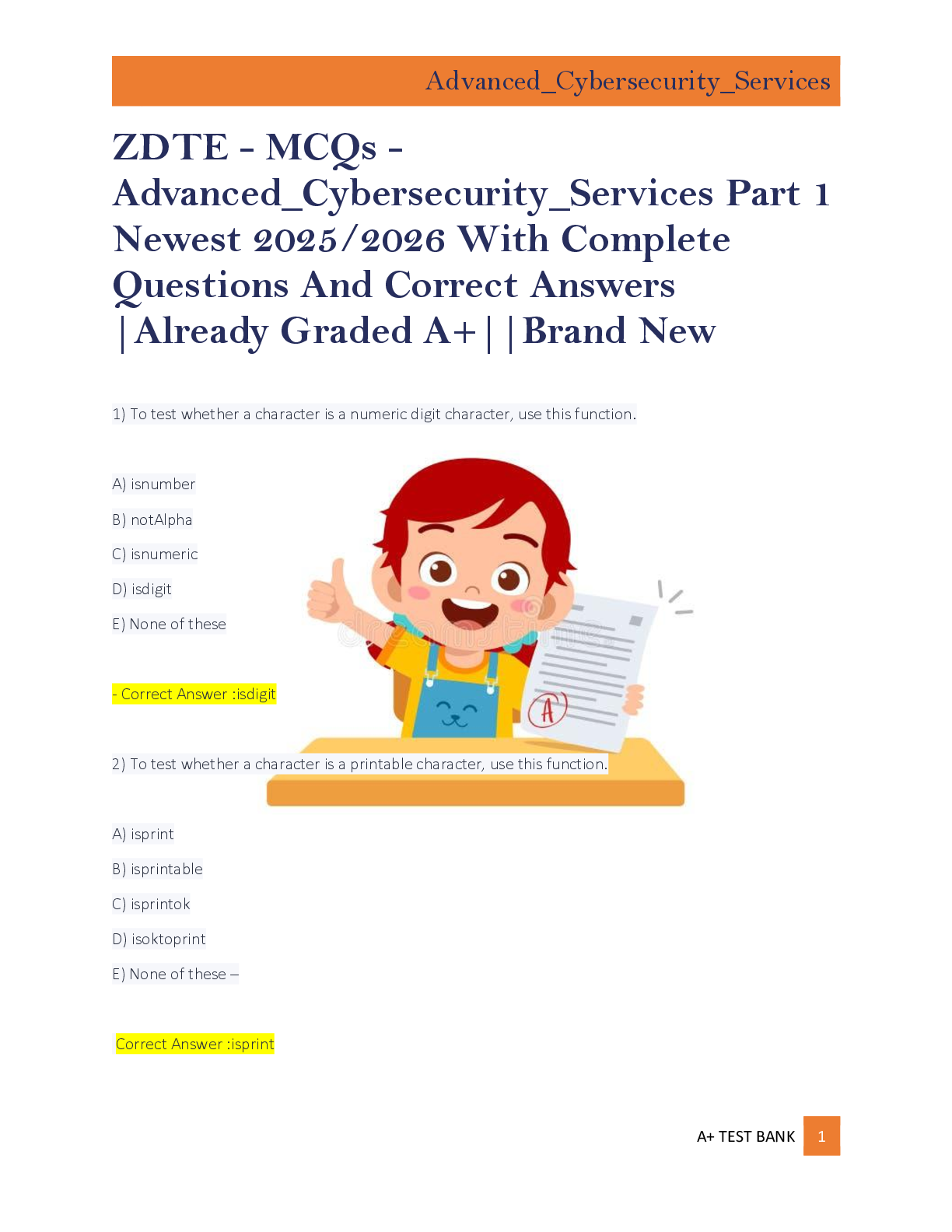 Preview of ZDTE - MCQs -  Advanced_Cybersecurity_Services Part 1  Newest 2025/2026 With Complete  Questions And Correct Answers  |Already Graded A+||Brand New