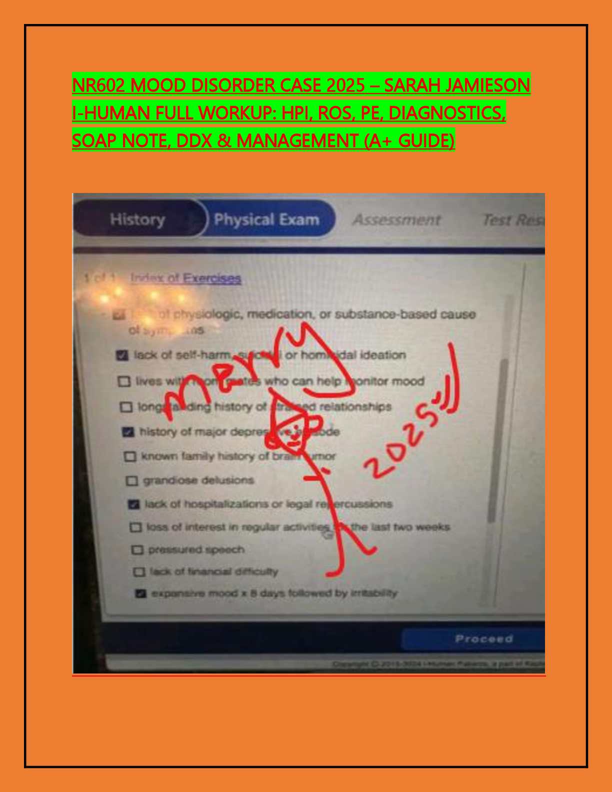 Preview image for NR602 MOOD DISORDER CASE 2025 – SARAH JAMIESON I-HUMAN FULL WORKUP: HPI, ROS, PE, DIAGNOSTICS, SOAP NOTE, DDX & MANAGEMENT (A+ GUIDE)