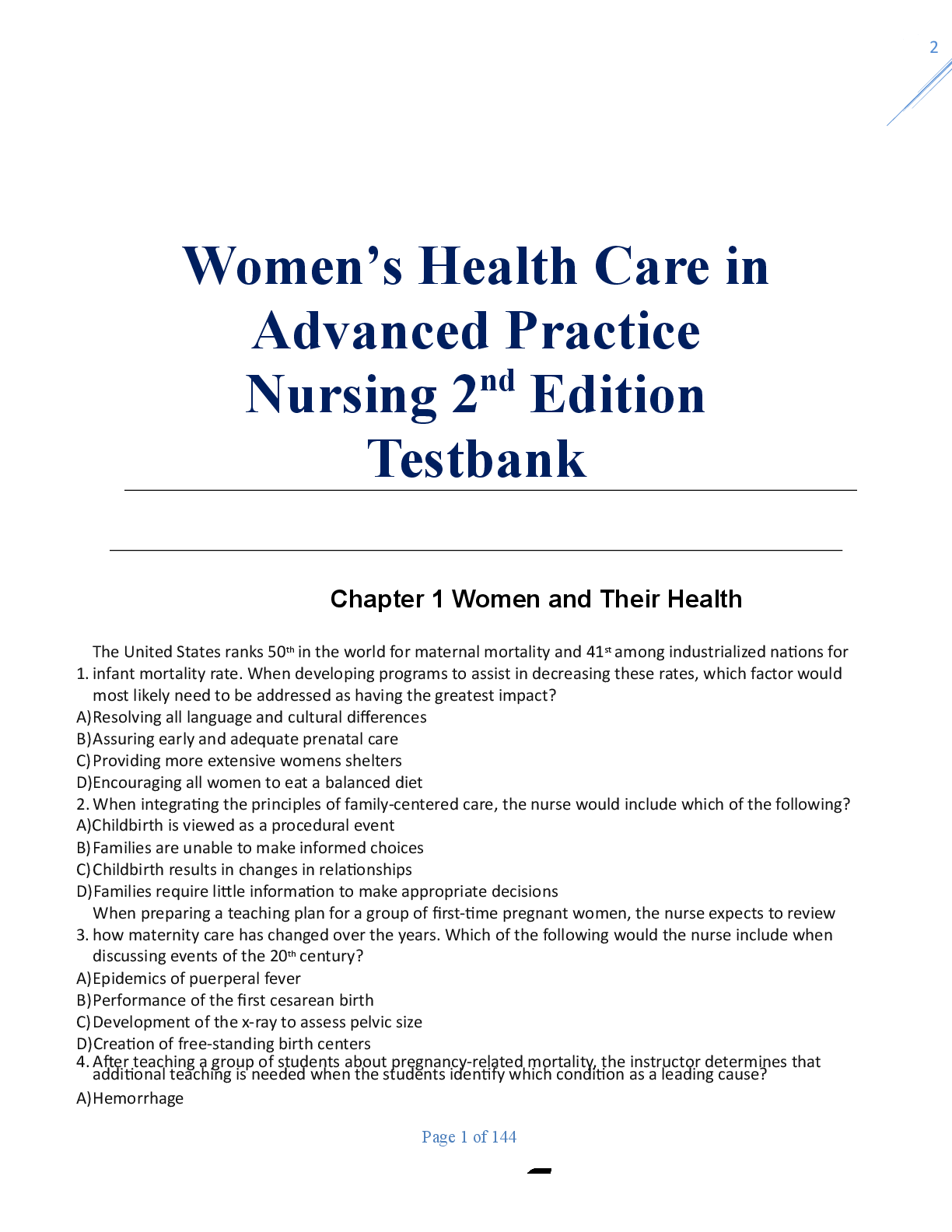 Preview of Women’s Health Care in Advanced Practice Nursing 2nd Edition Test bank