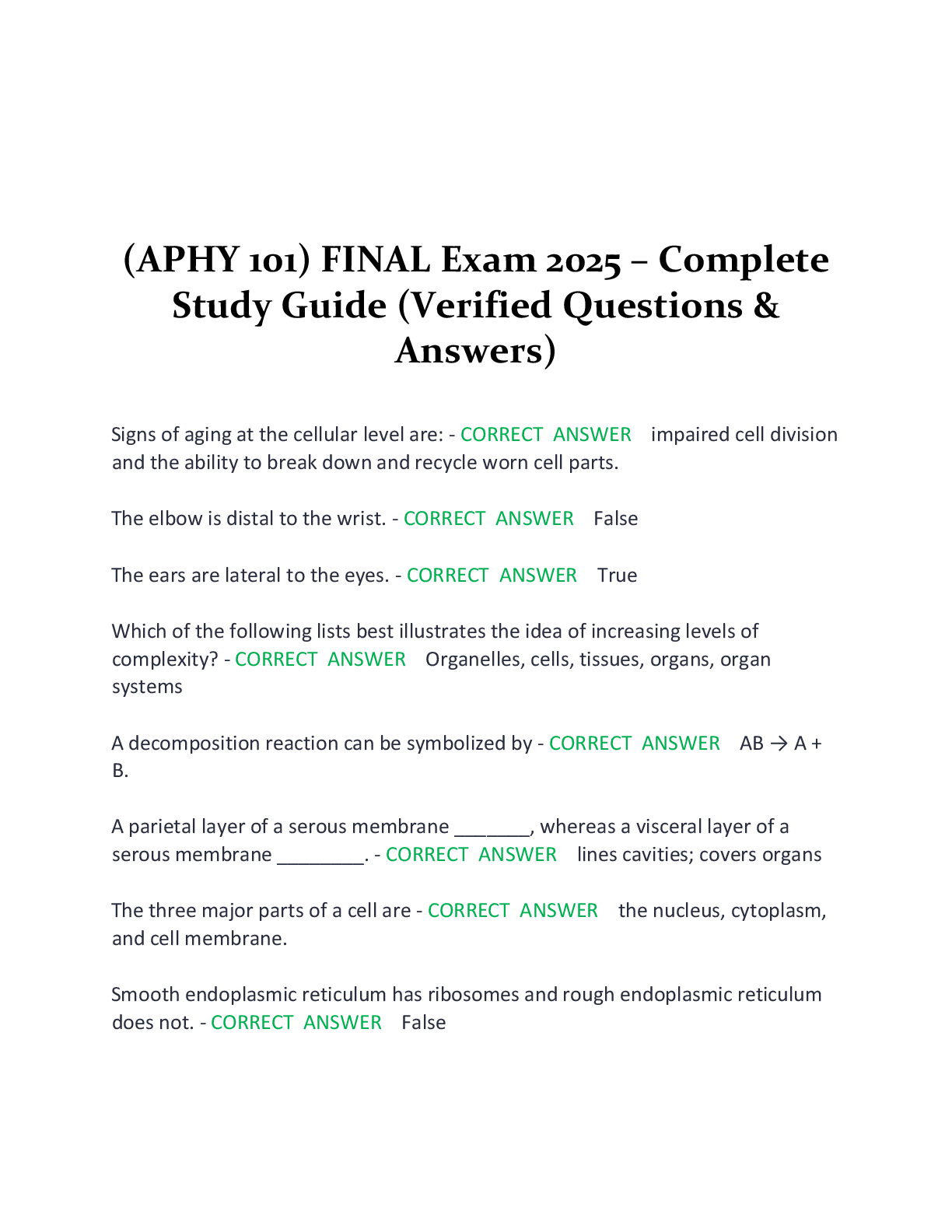 Preview image for (APHY 101) FINAL Exam 2025 – Complete  Study Guide (Verified Questions &  Answers)