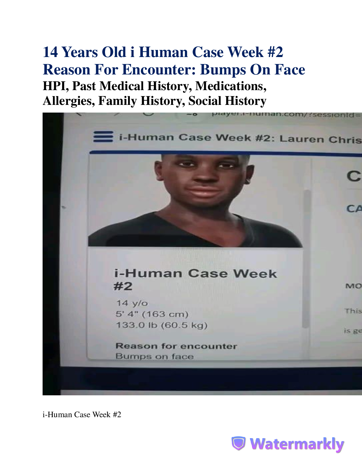 Preview image for 14 Years Old i Human Case Week #2  Reason For Encounter: Bumps On Face  HPI, Past Medical History, Medications,  Allergies, Family History, Social History